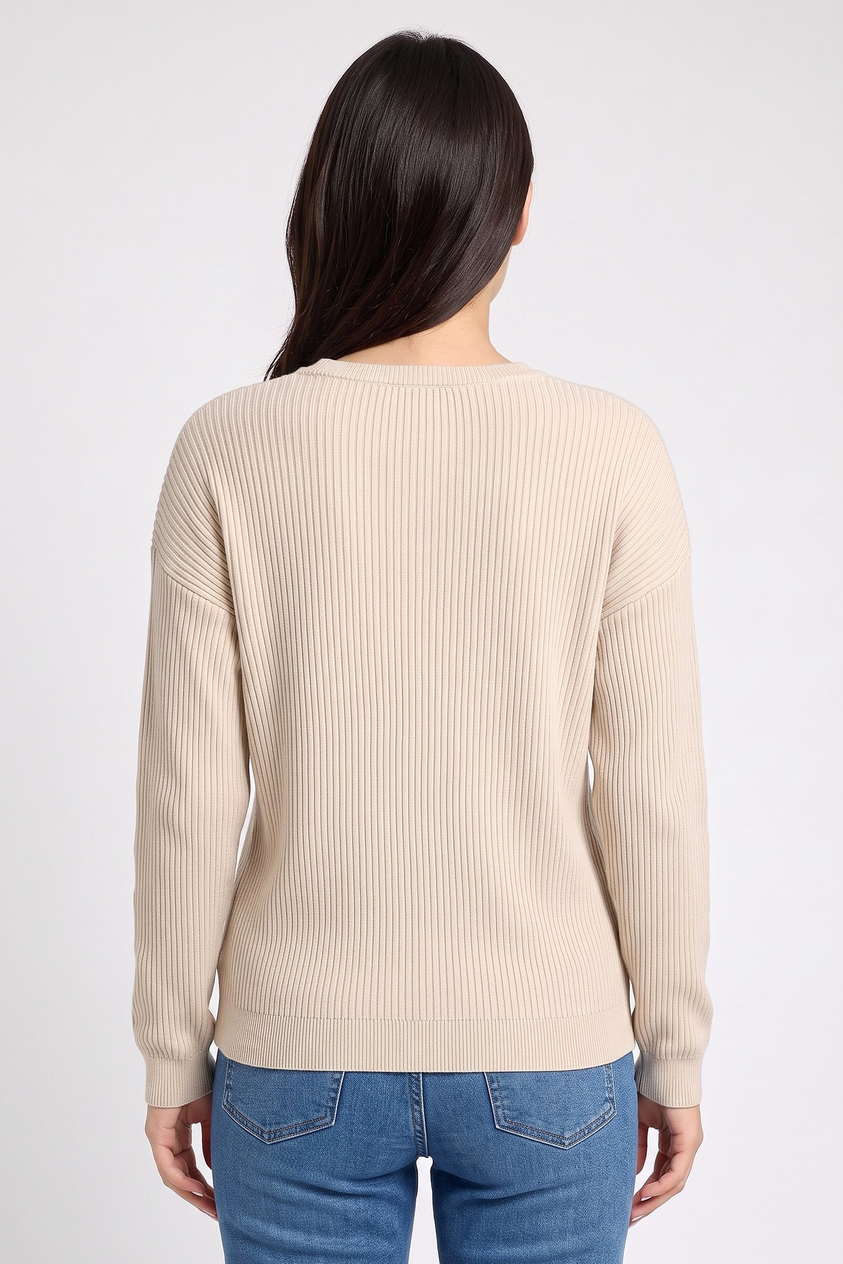 Women V-Neck Knitted Sweater, Beige