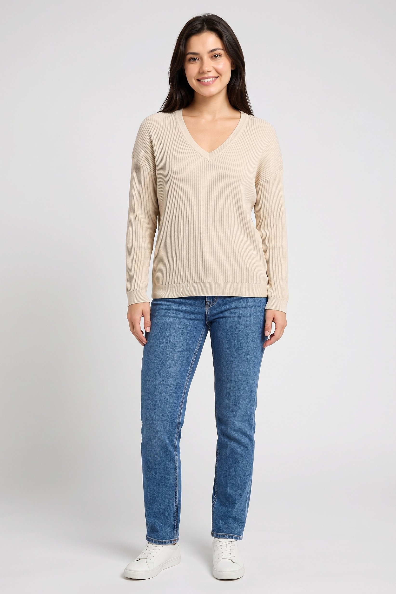Women V-Neck Ribbed Sweater, Beige