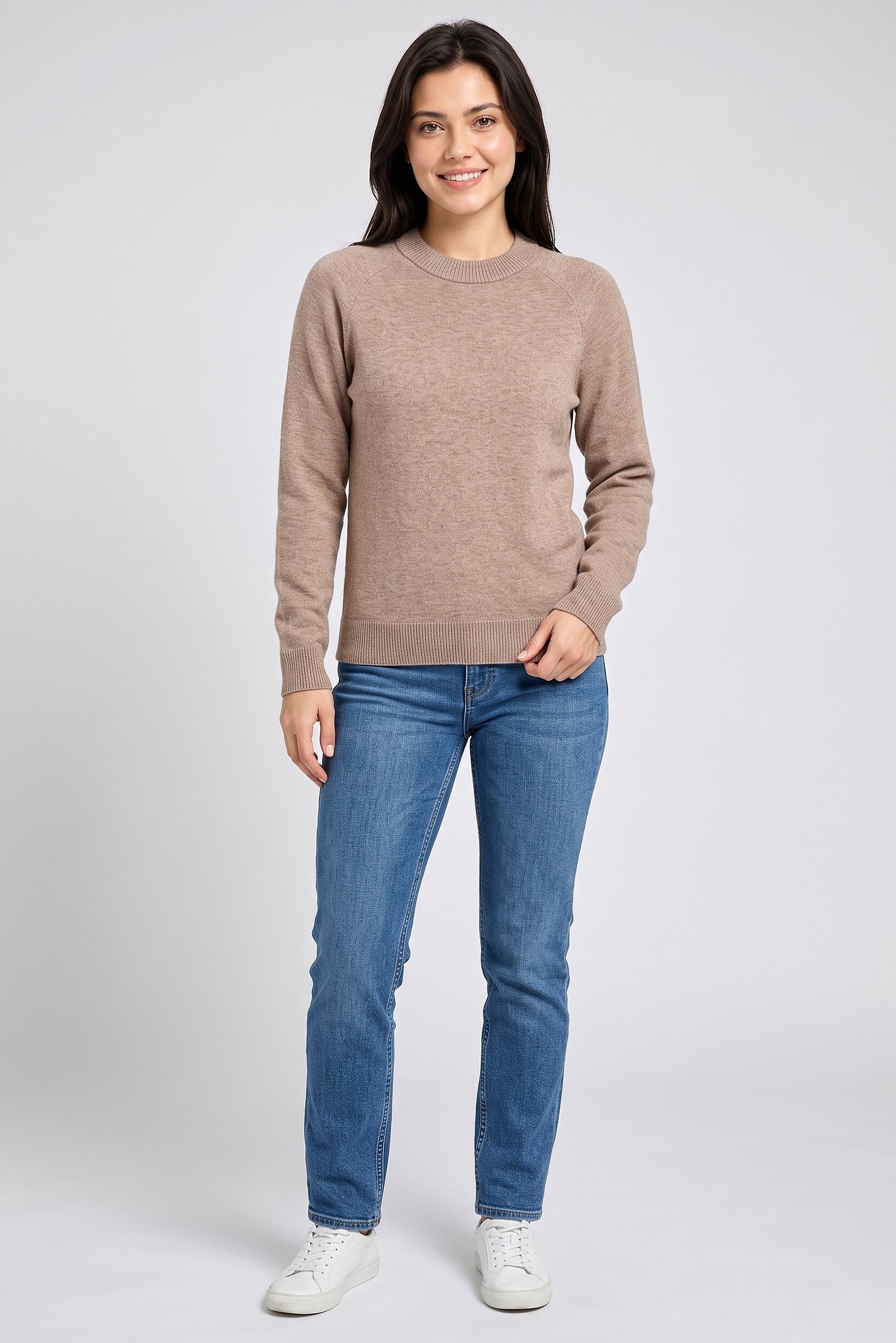 Women Crew Neck Knitted Sweater, Brown