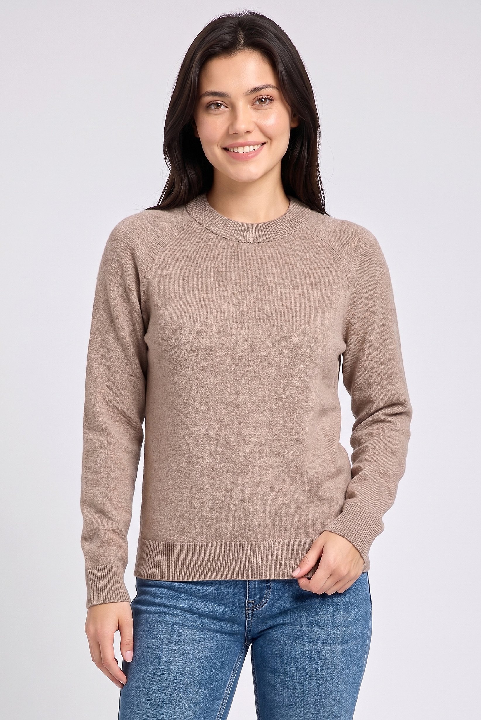 Women Crew Neck Knitted Sweater, Brown