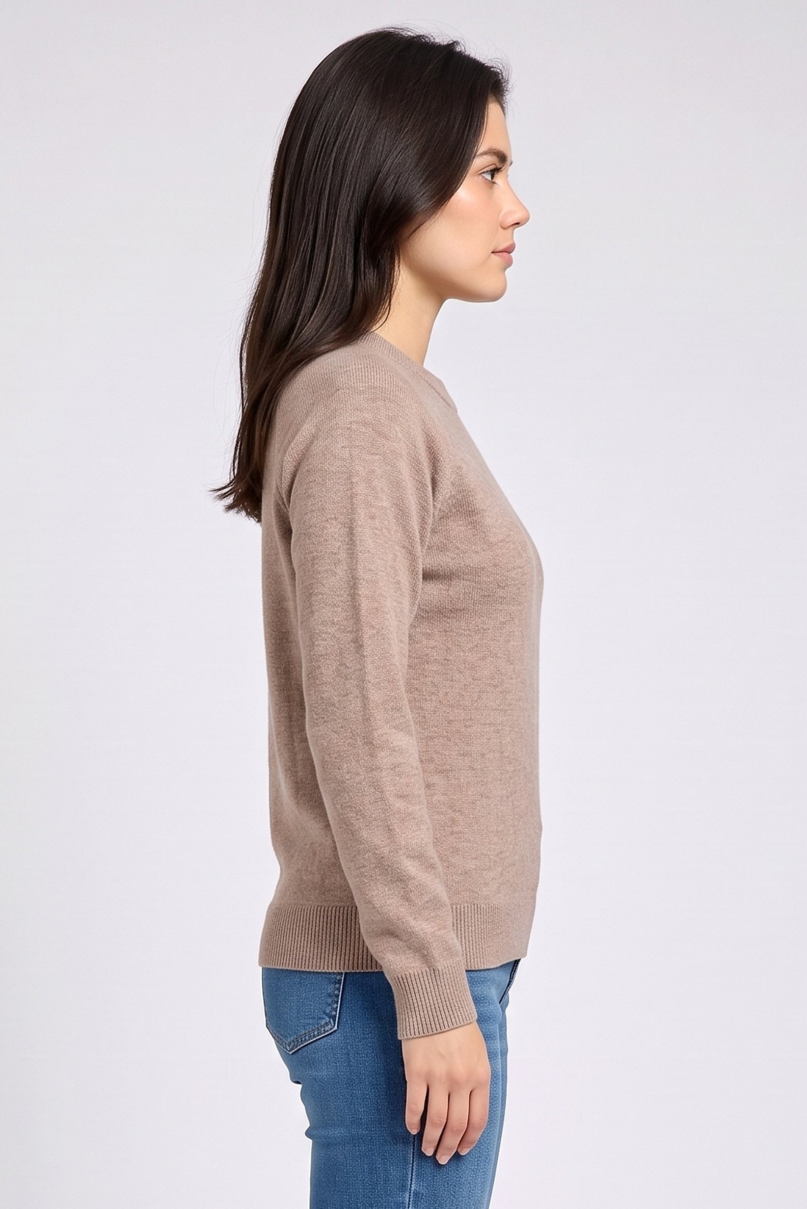 Women Crew Neck Knitted Sweater, Brown