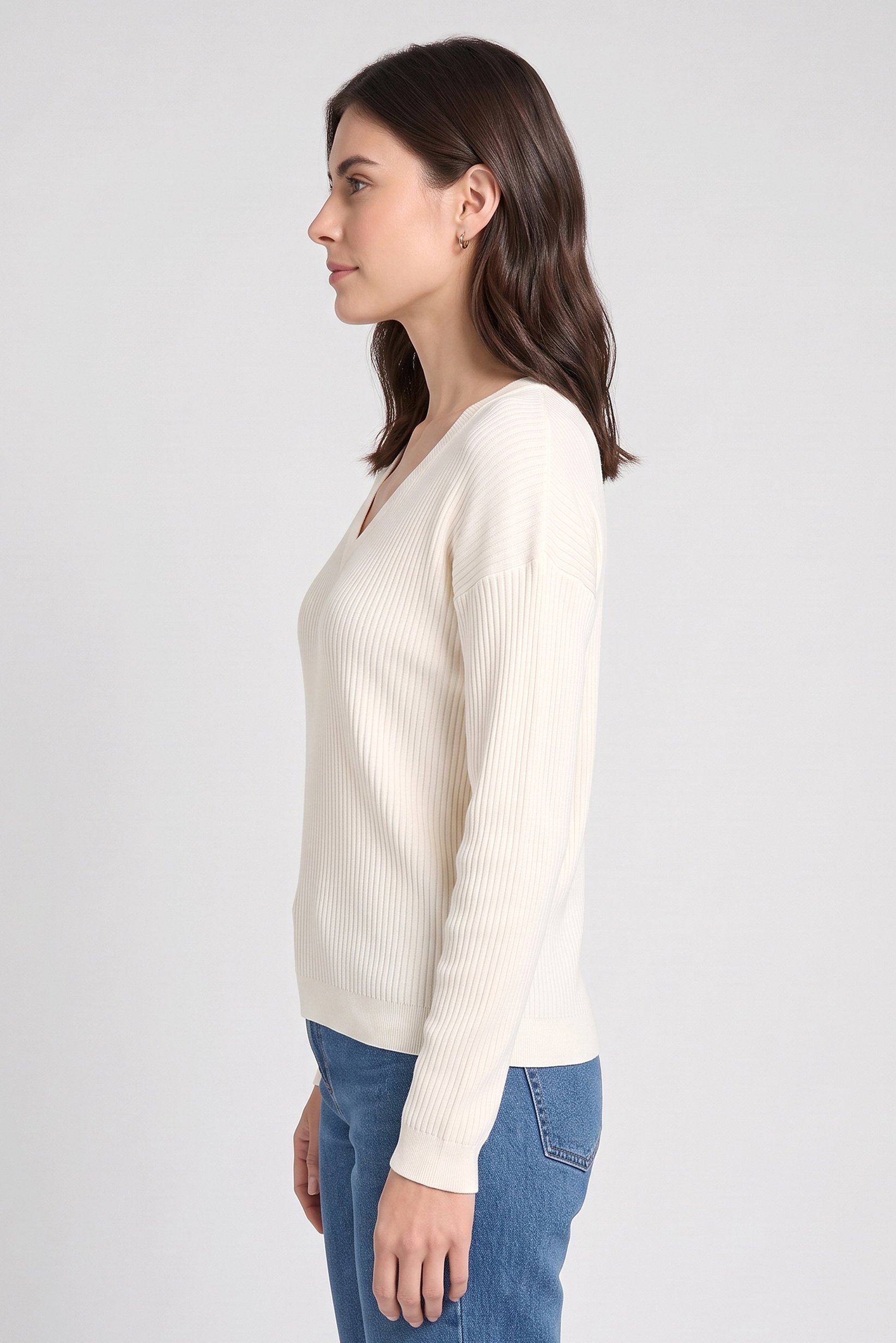 Women V-Neck Knitted Sweater, Off White