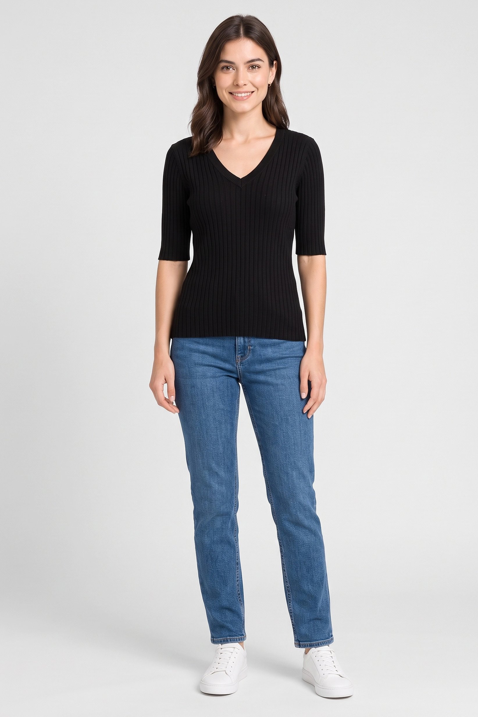 Women V-Neck Elbow Sleeve Ribbed Top, Black