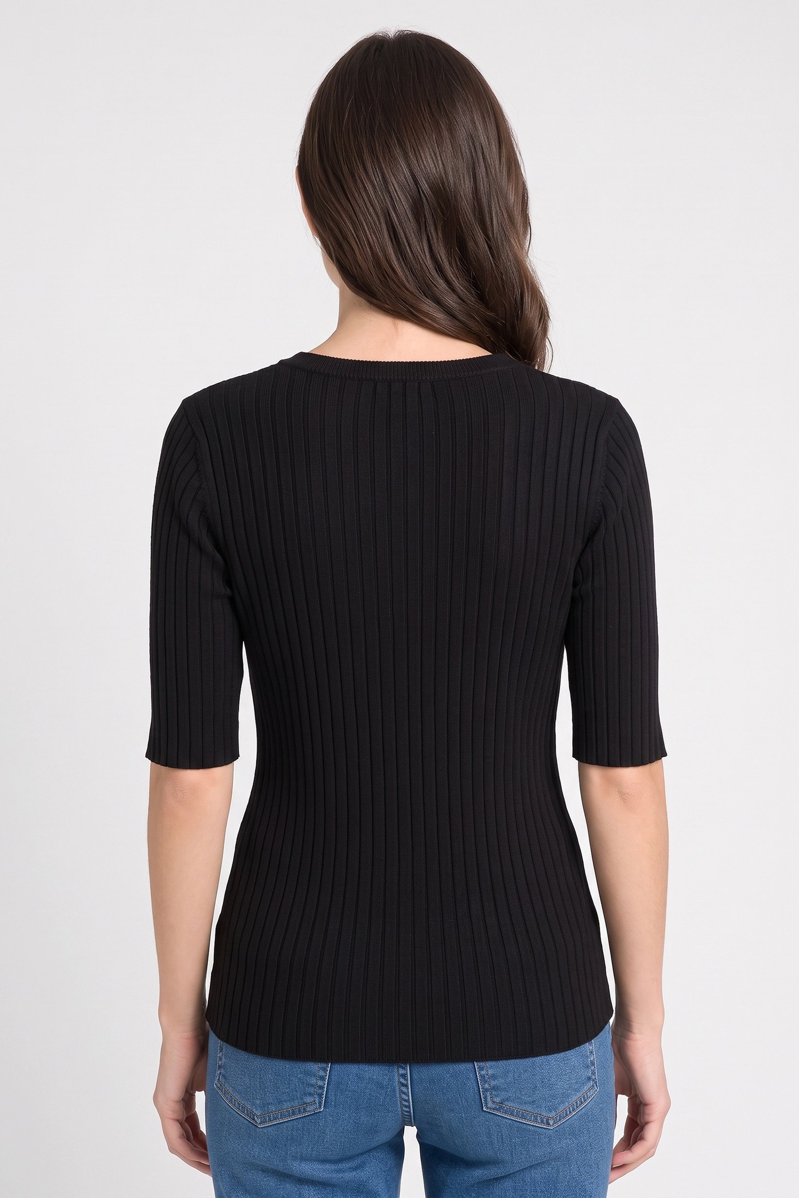 Women V-Neck Elbow Sleeve Ribbed Top, Black