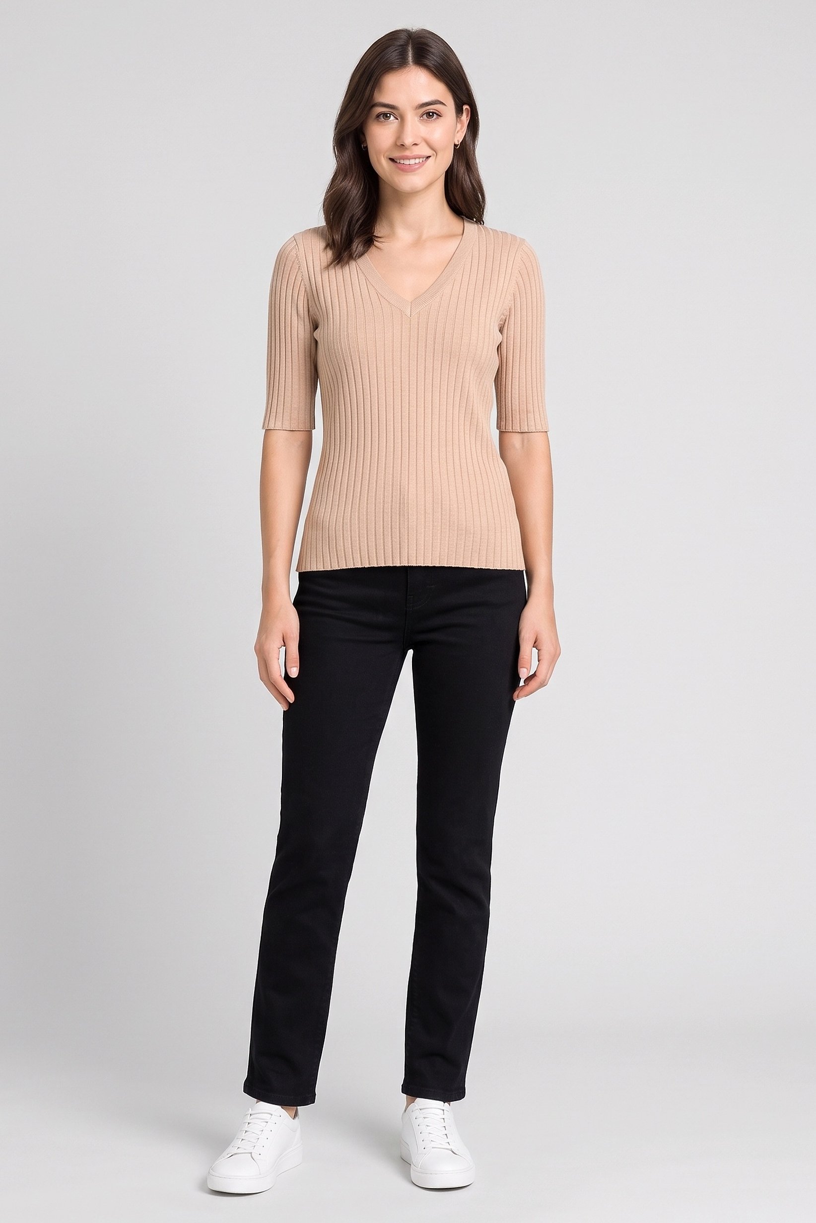 Women V-Neck Elbow Sleeve Ribbed Top, Dark Beige