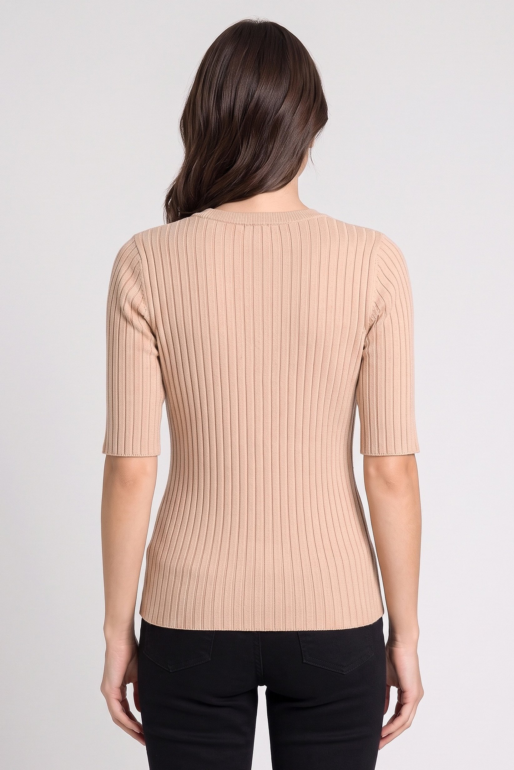 Women V-Neck Elbow Sleeve Ribbed Top, Dark Beige