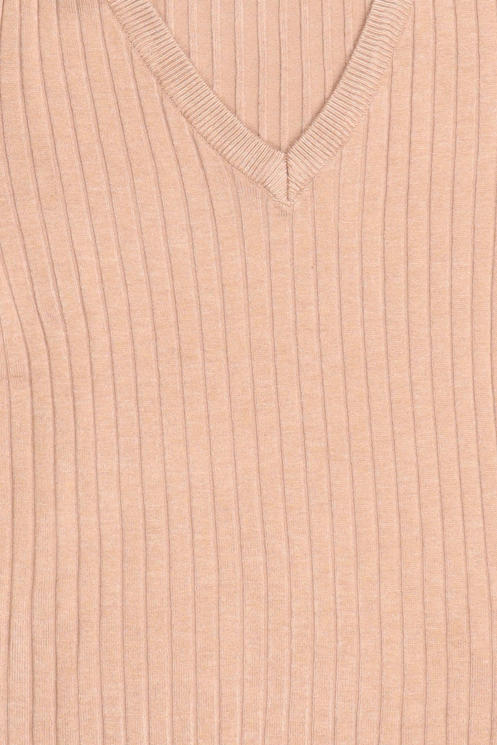 Women V-Neck Elbow Sleeve Ribbed Top, Dark Beige