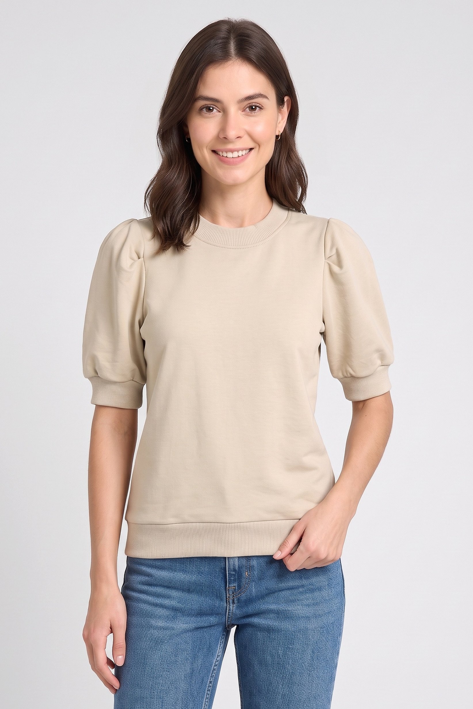 Women Crew Neck Balloon Sleeve Solid Top, Beige