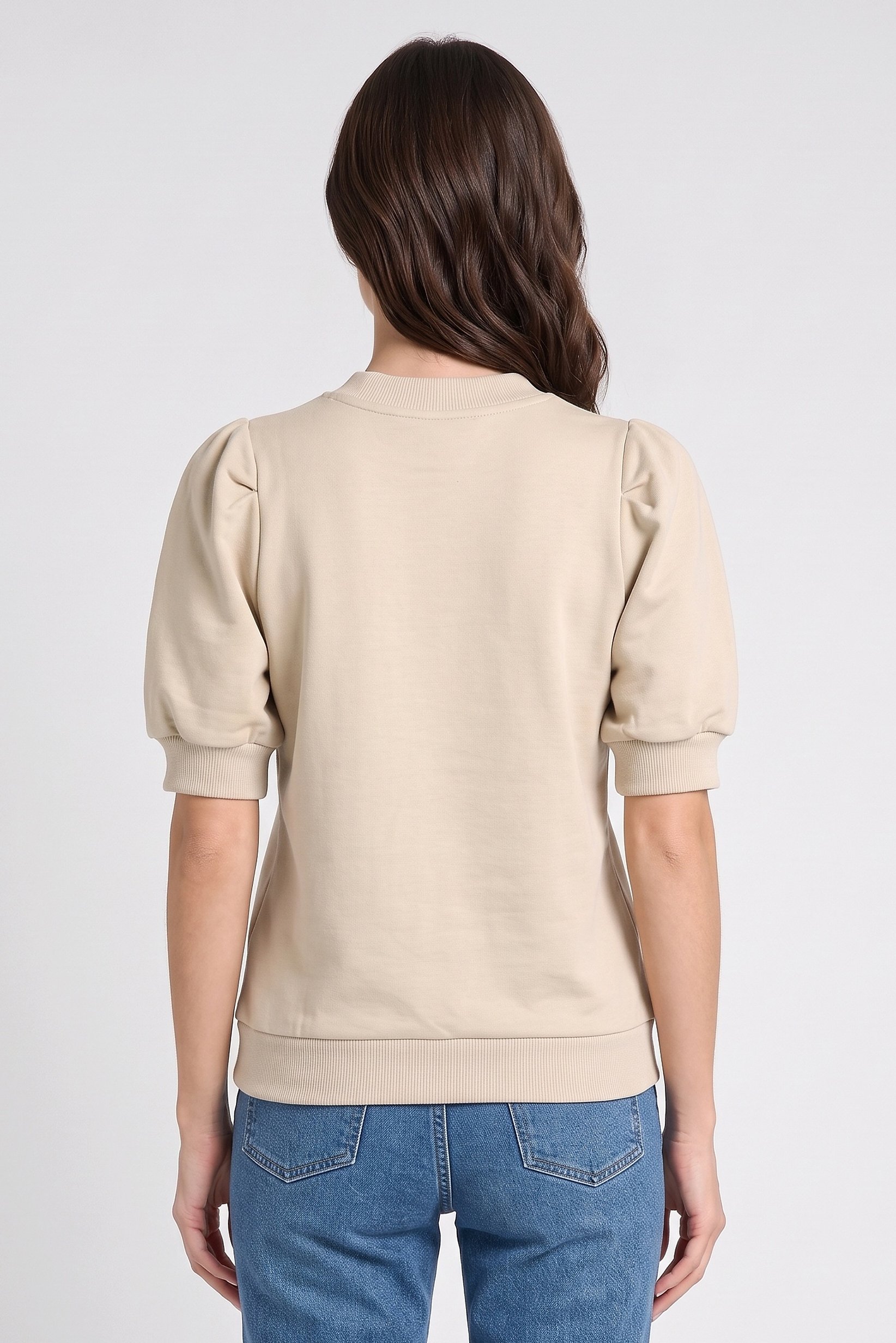 Women Crew Neck Balloon Sleeve Solid Top, Beige