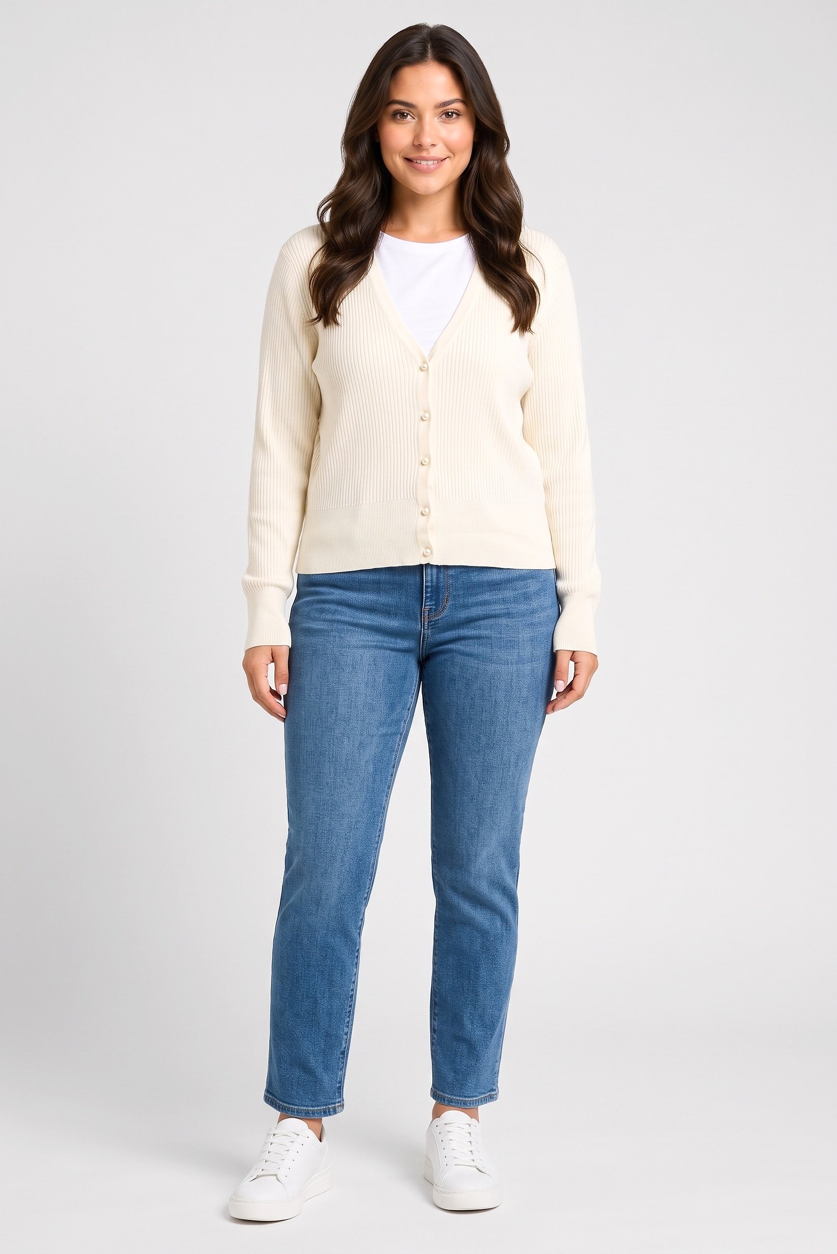 Women V-Neck Textured Cardigan, Cream