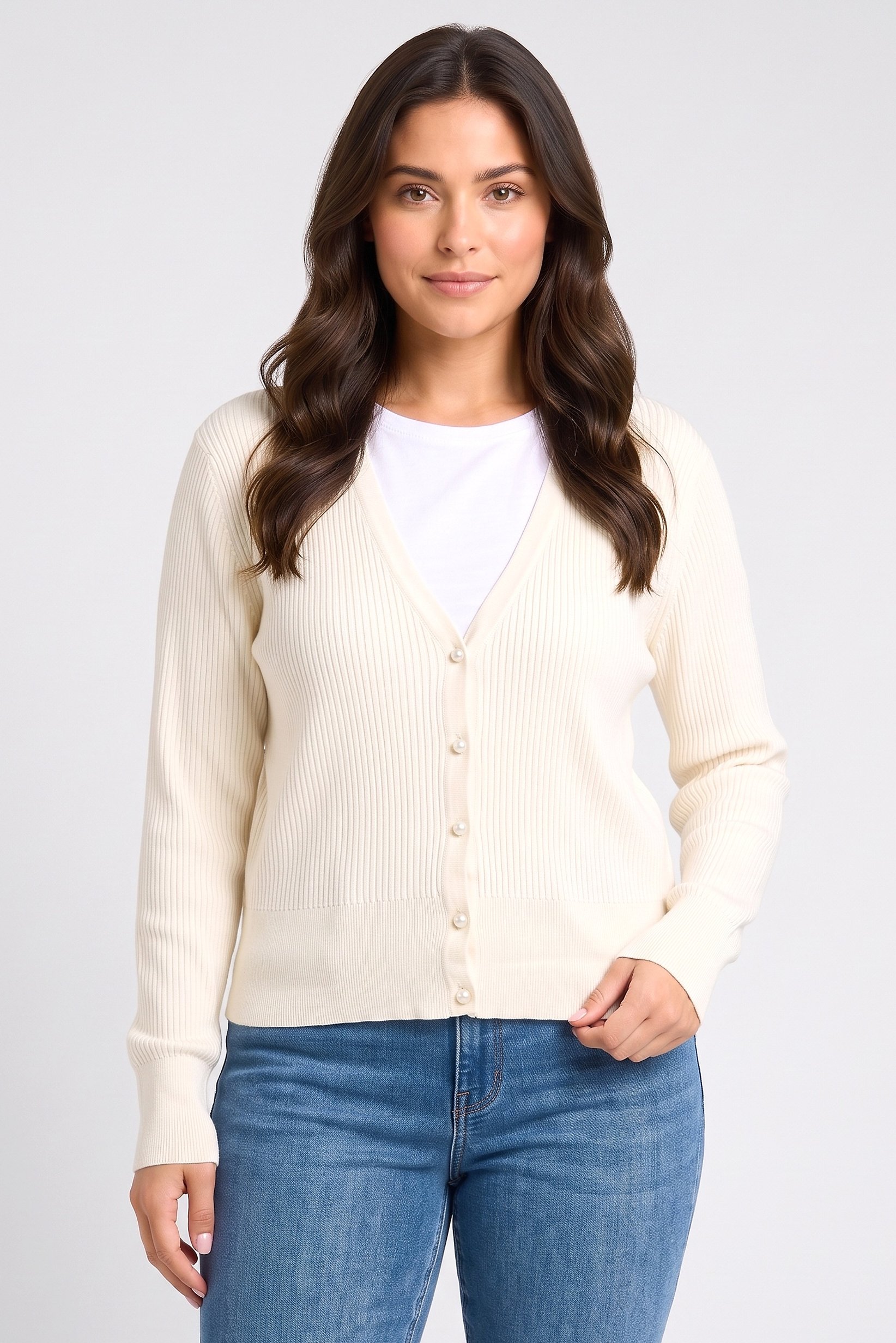 Women V-Neck Textured Cardigan, Cream