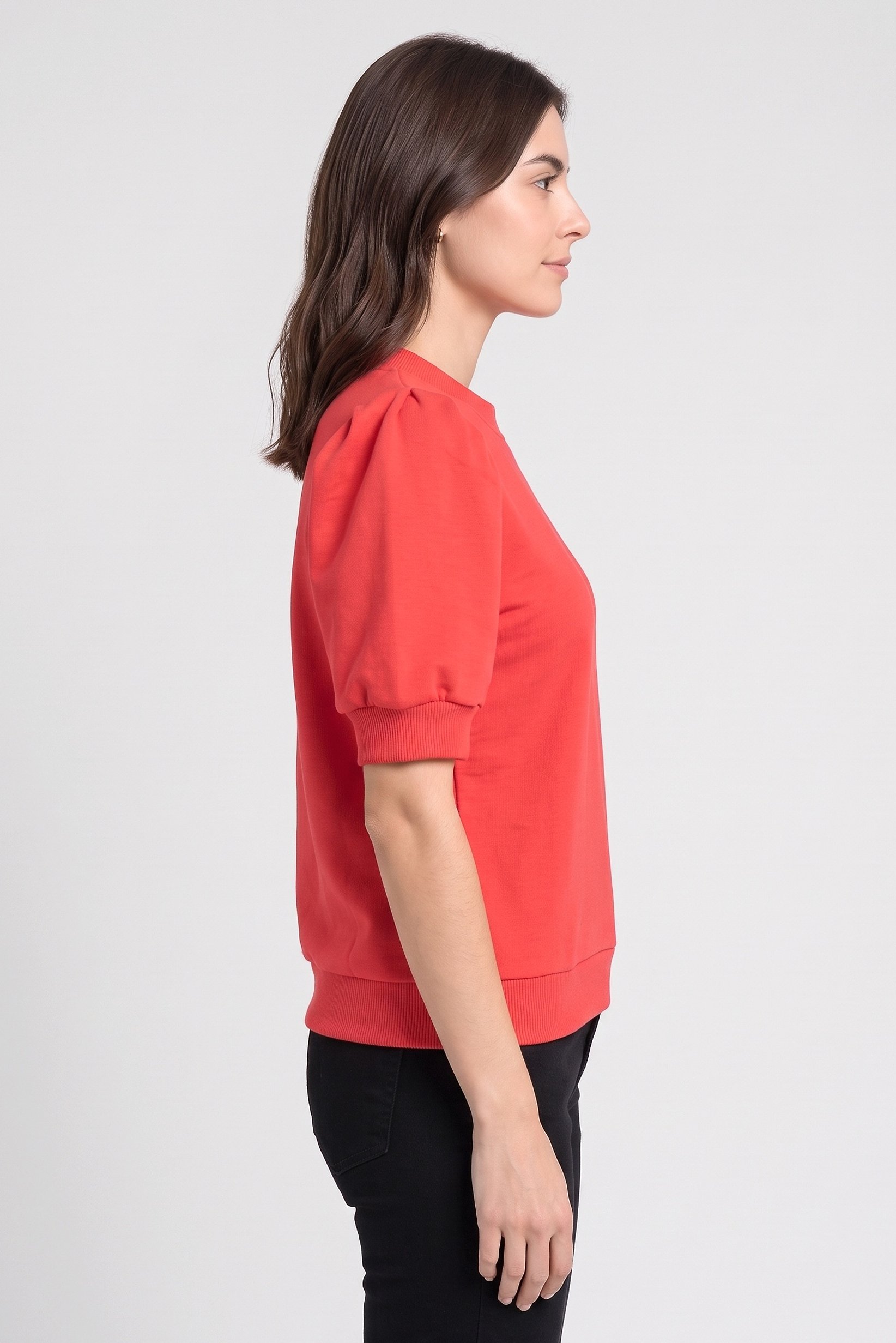 Women Crew Neck Balloon Sleeve Solid Top, Red