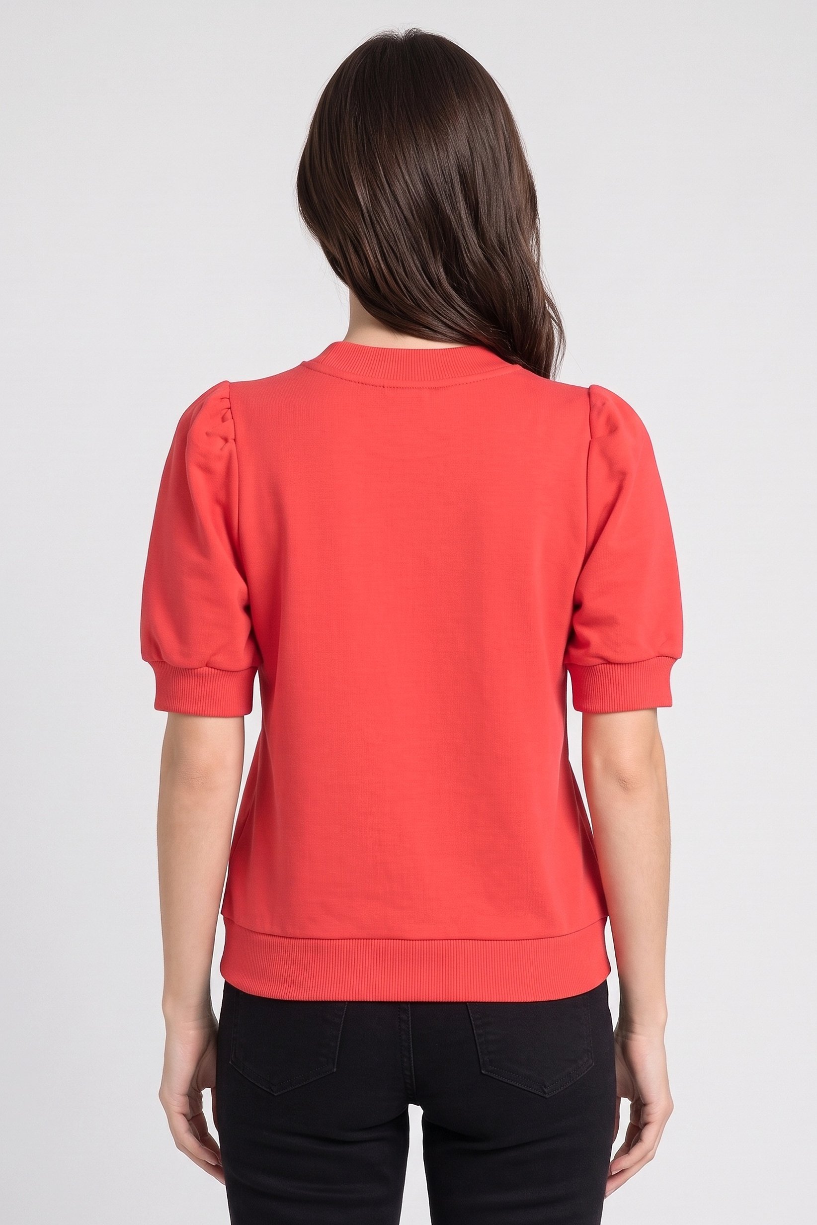 Women Crew Neck Balloon Sleeve Solid Top, Red