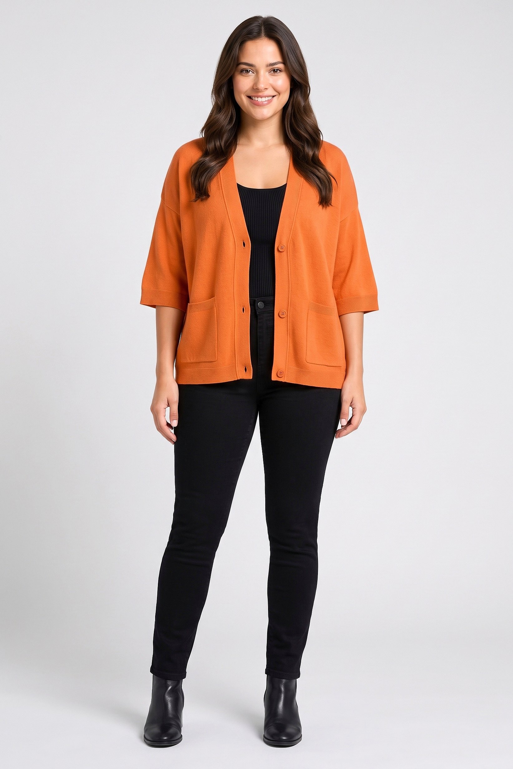 Women V-Neck Textured Cardigan, Orange