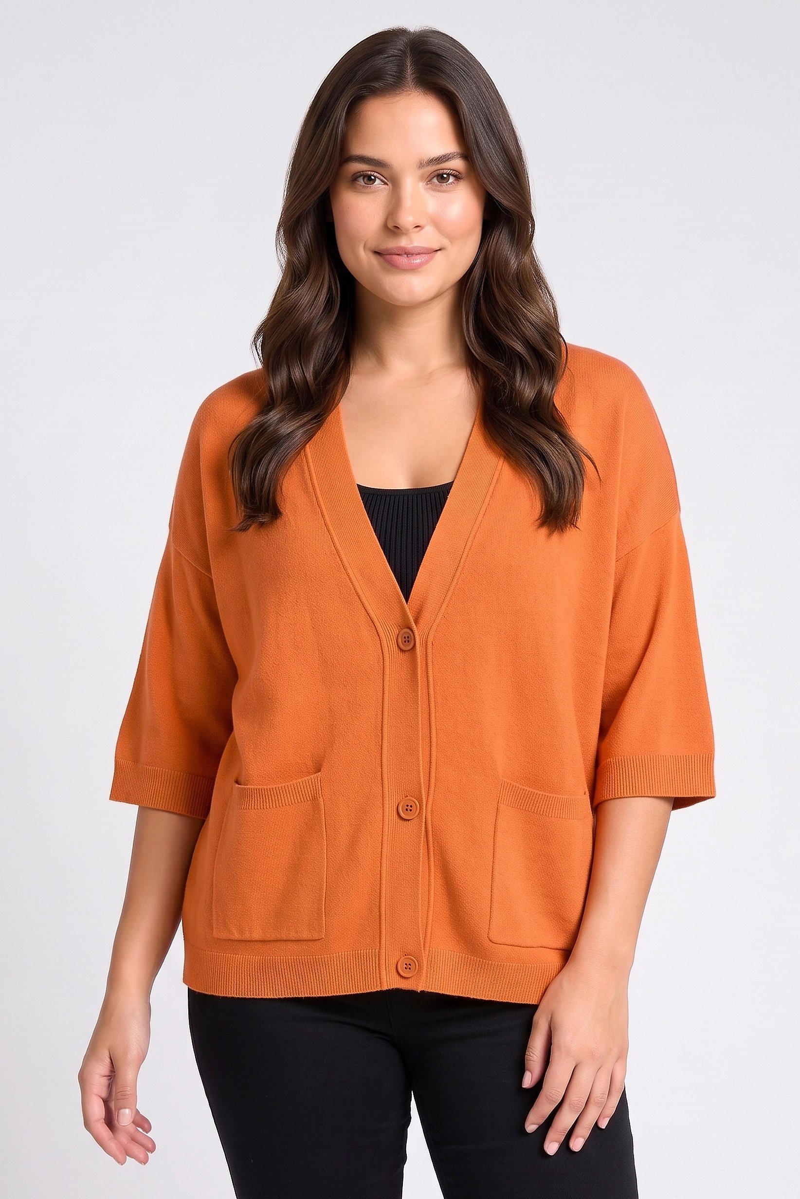 Women V-Neck Textured Cardigan, Orange