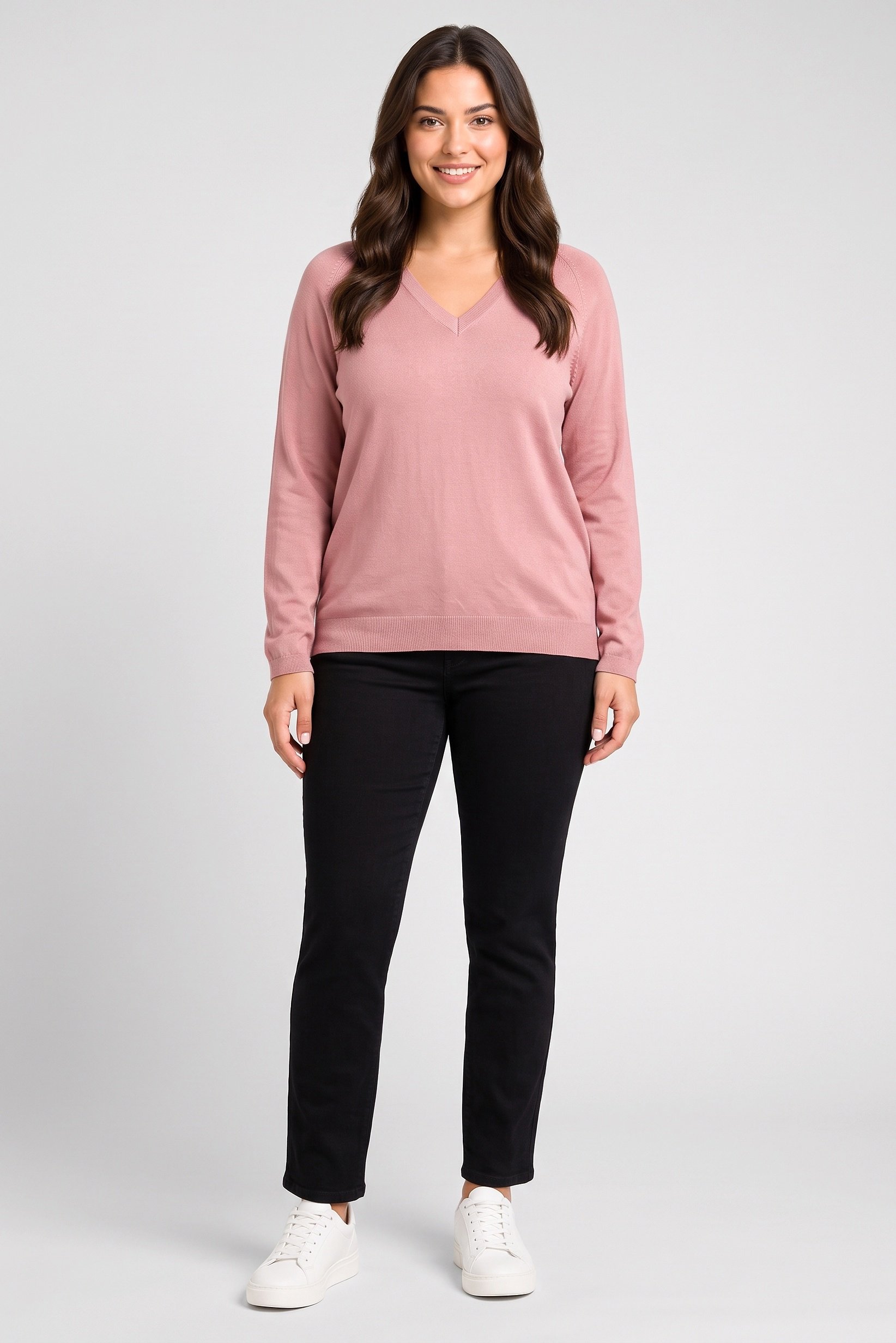 Women V-Neck Plain Knitted Sweater, Old Rose