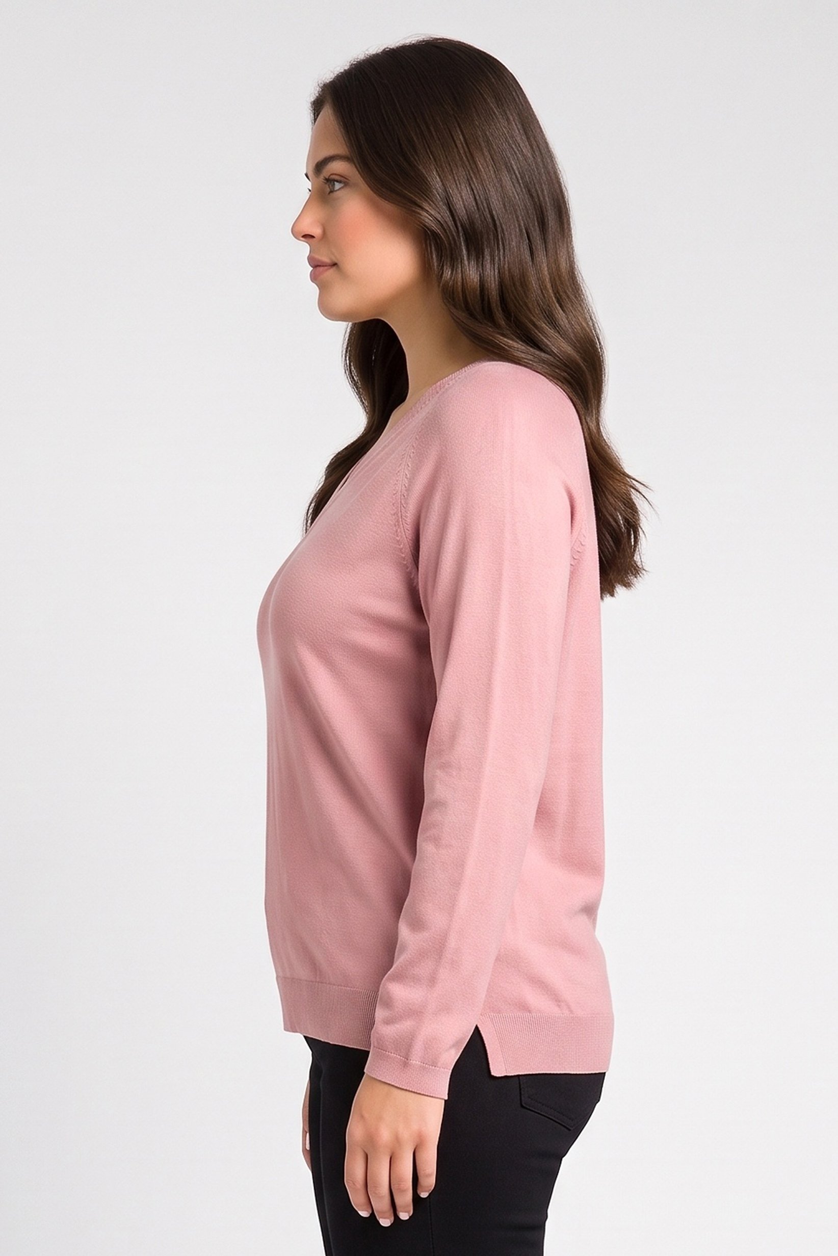 Women V-Neck Plain Knitted Sweater, Old Rose
