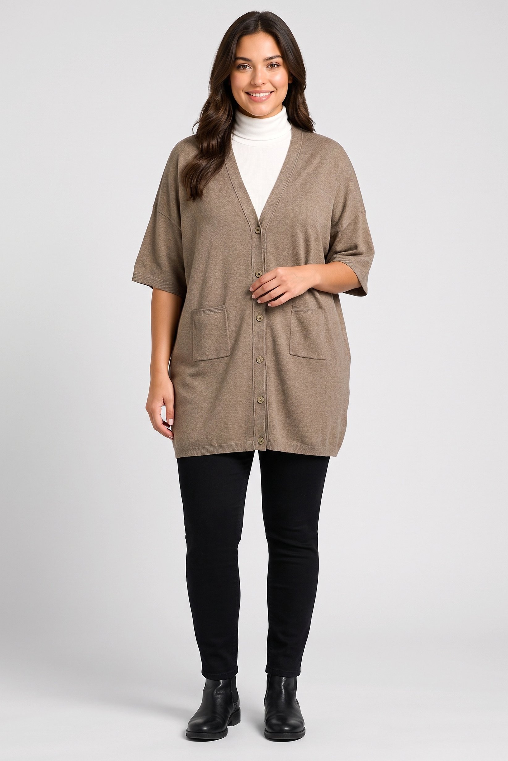 Women Curved Fit Knitted Short Sleeve Cardigan, Brown