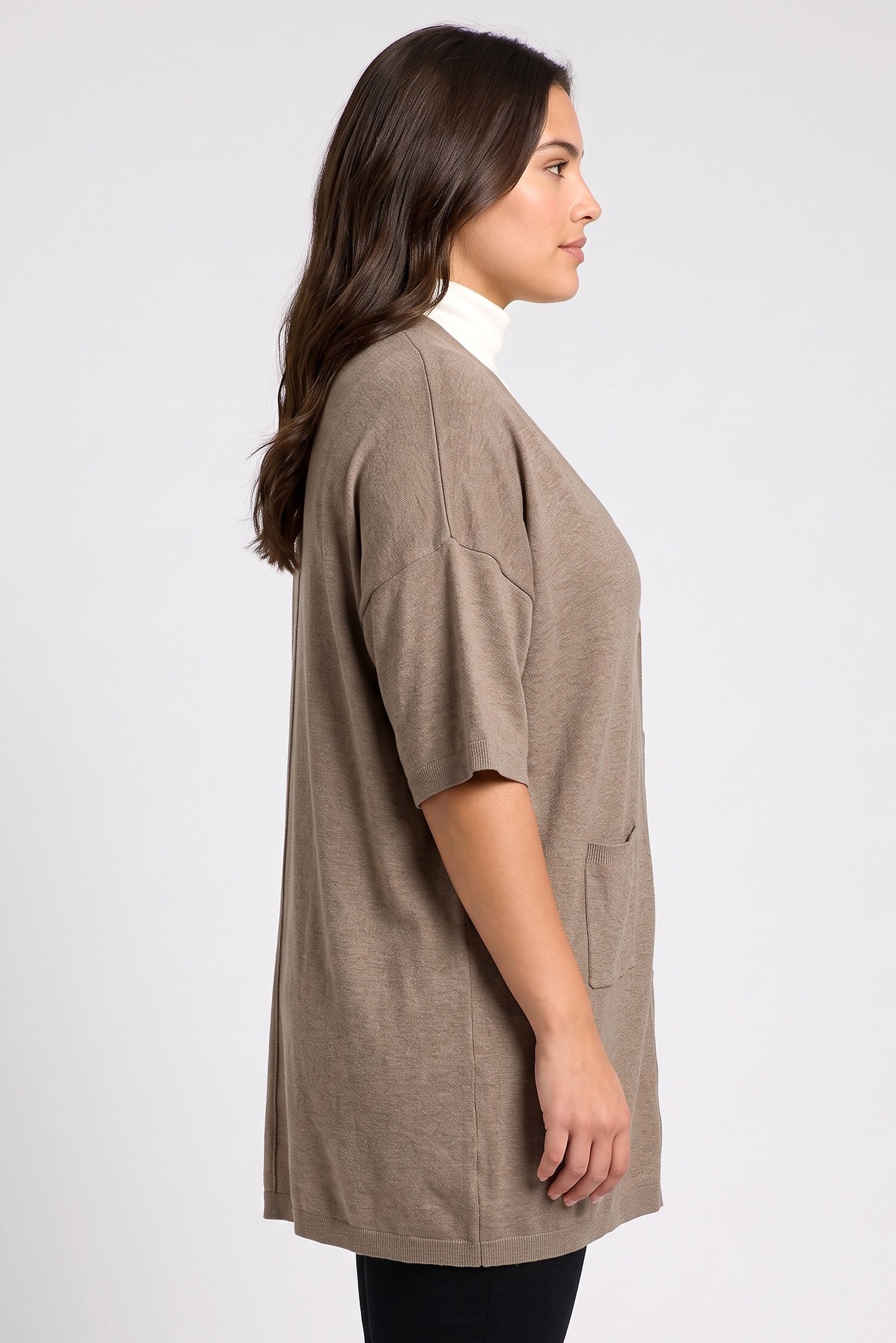 Women Curved Fit Knitted Short Sleeve Cardigan, Brown
