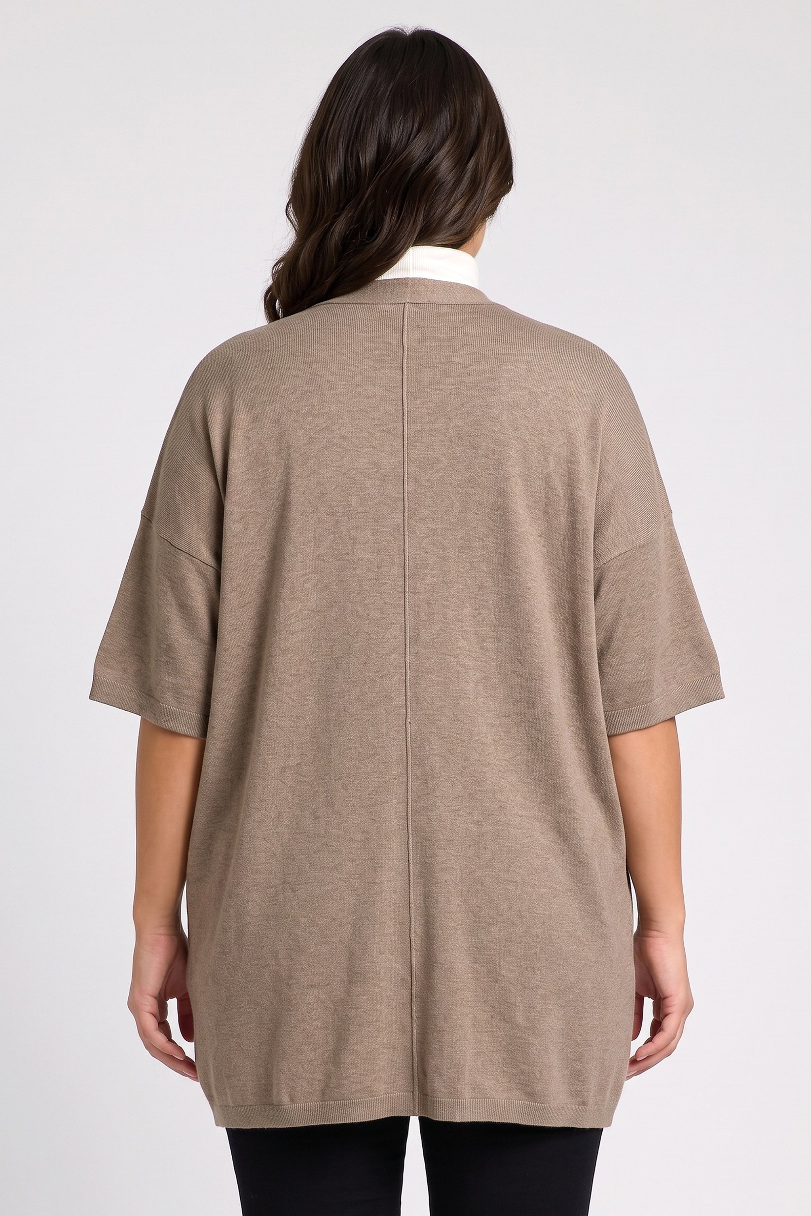 Women Curved Fit Knitted Short Sleeve Cardigan, Brown