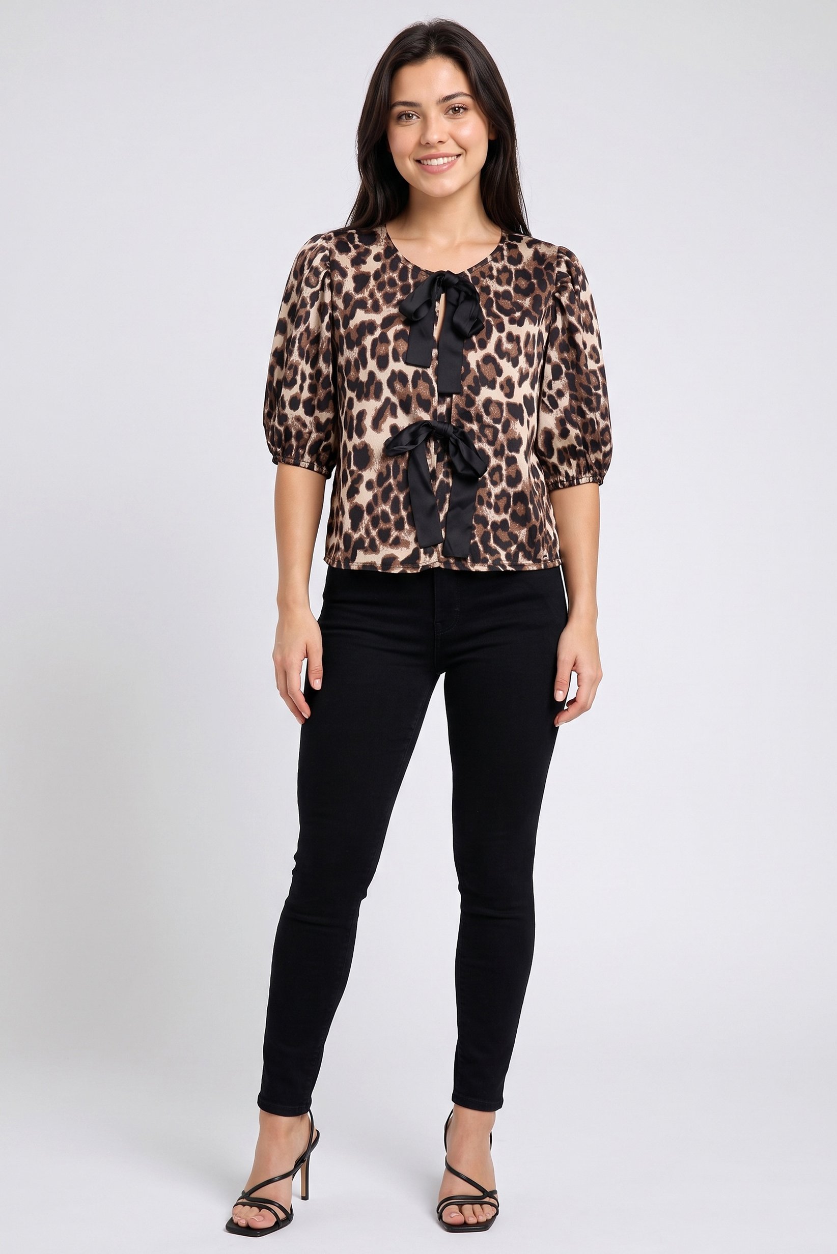 Women Tie Neck Short Sleeve Animal Print Blouse, Multicolor