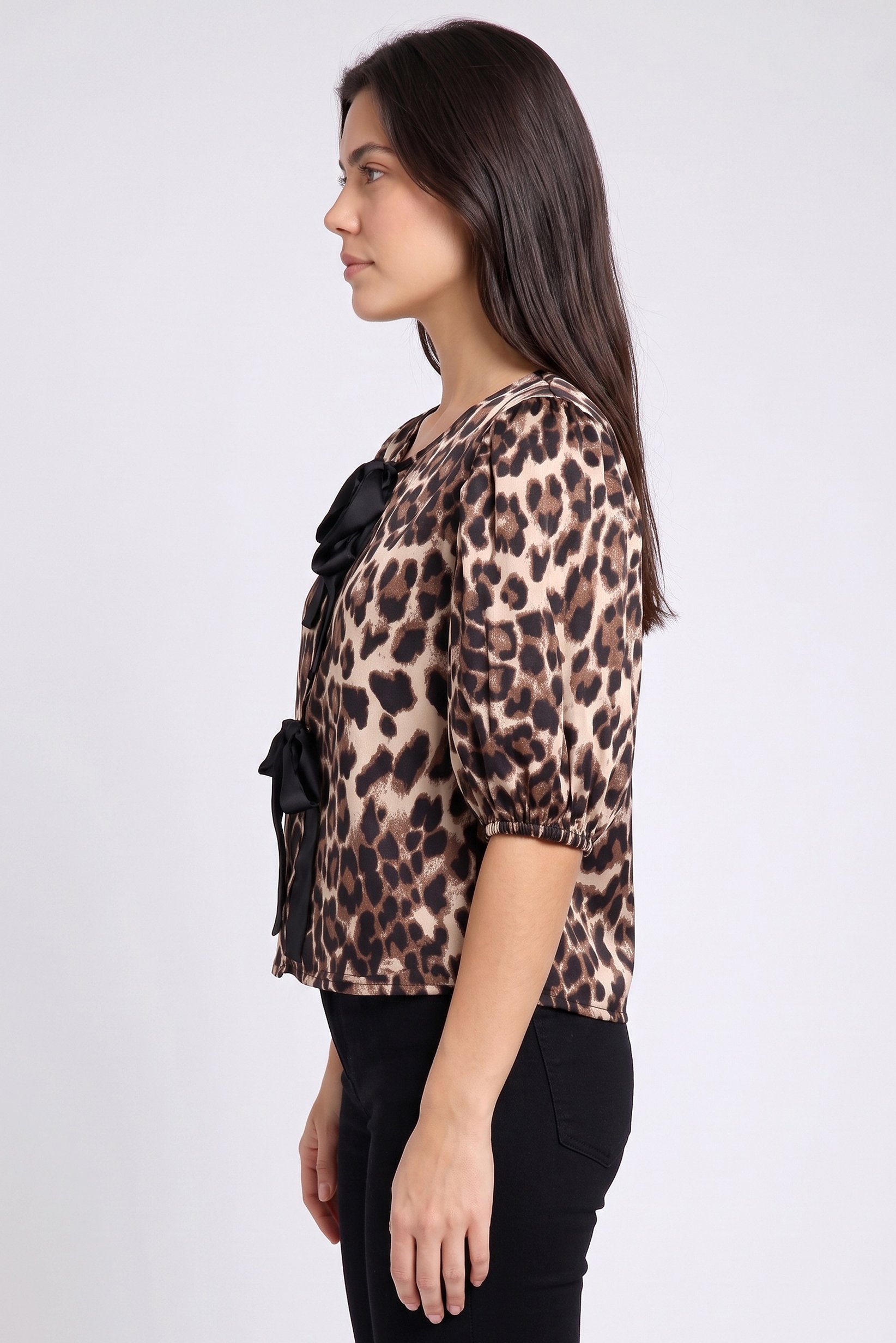 Women Tie Neck Short Sleeve Animal Print Blouse, Multicolor