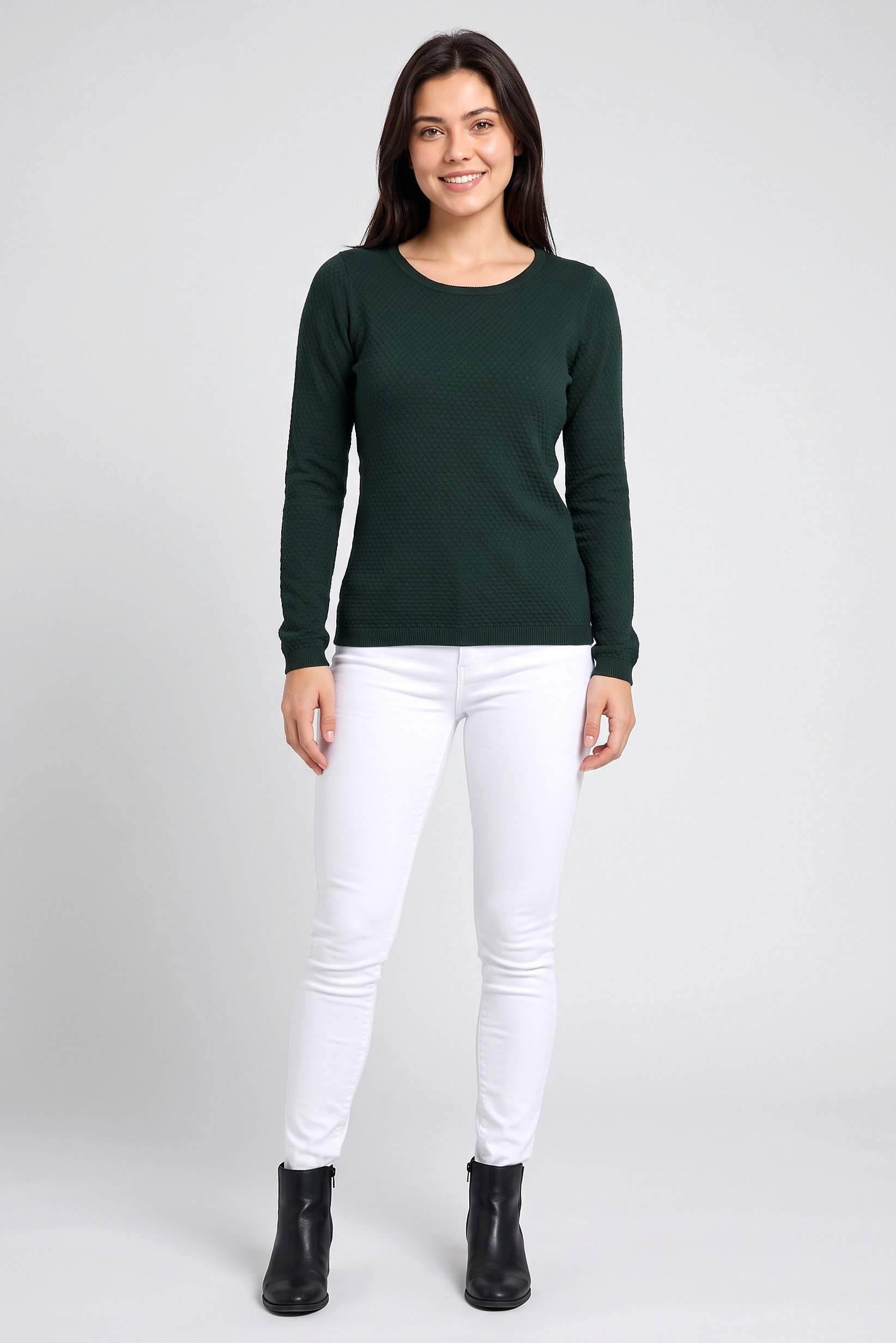 Women Round Neck Textured Sweater, Dark Green