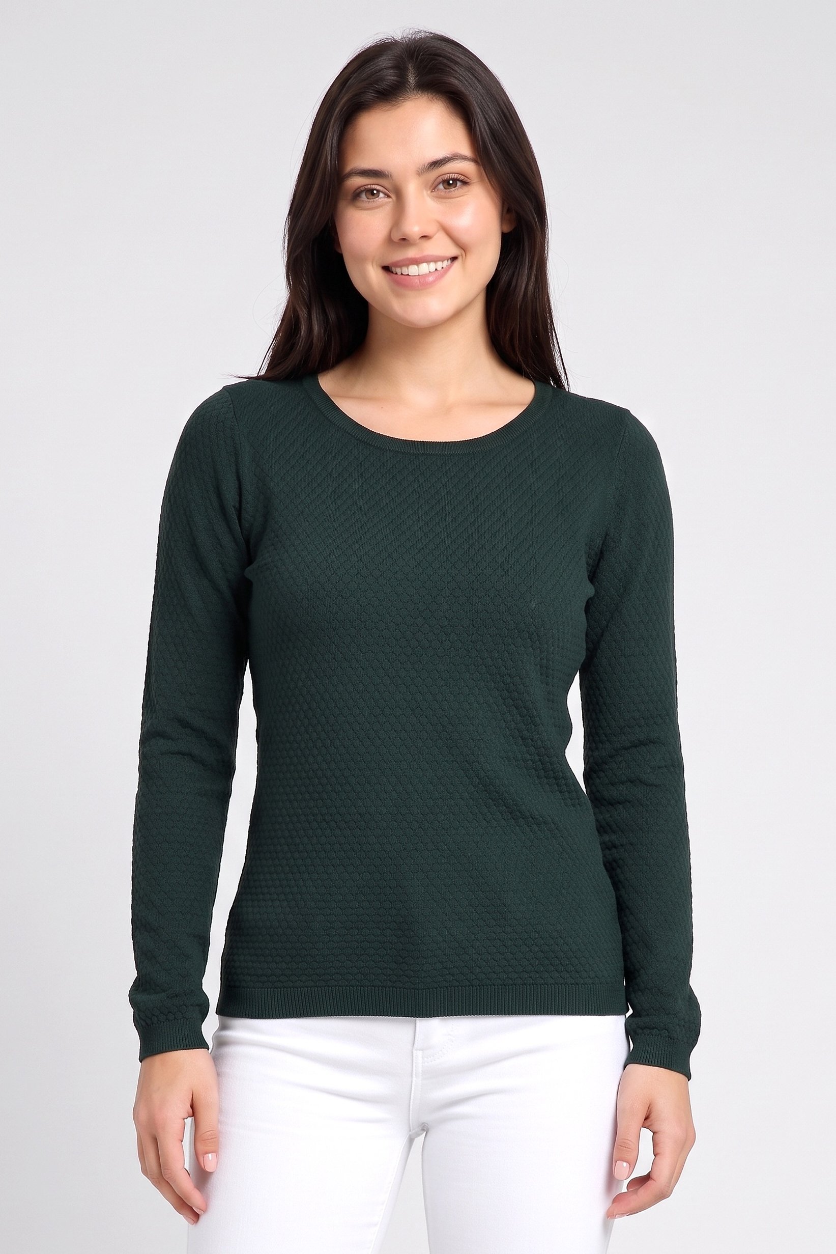 Women Round Neck Textured Sweater, Dark Green