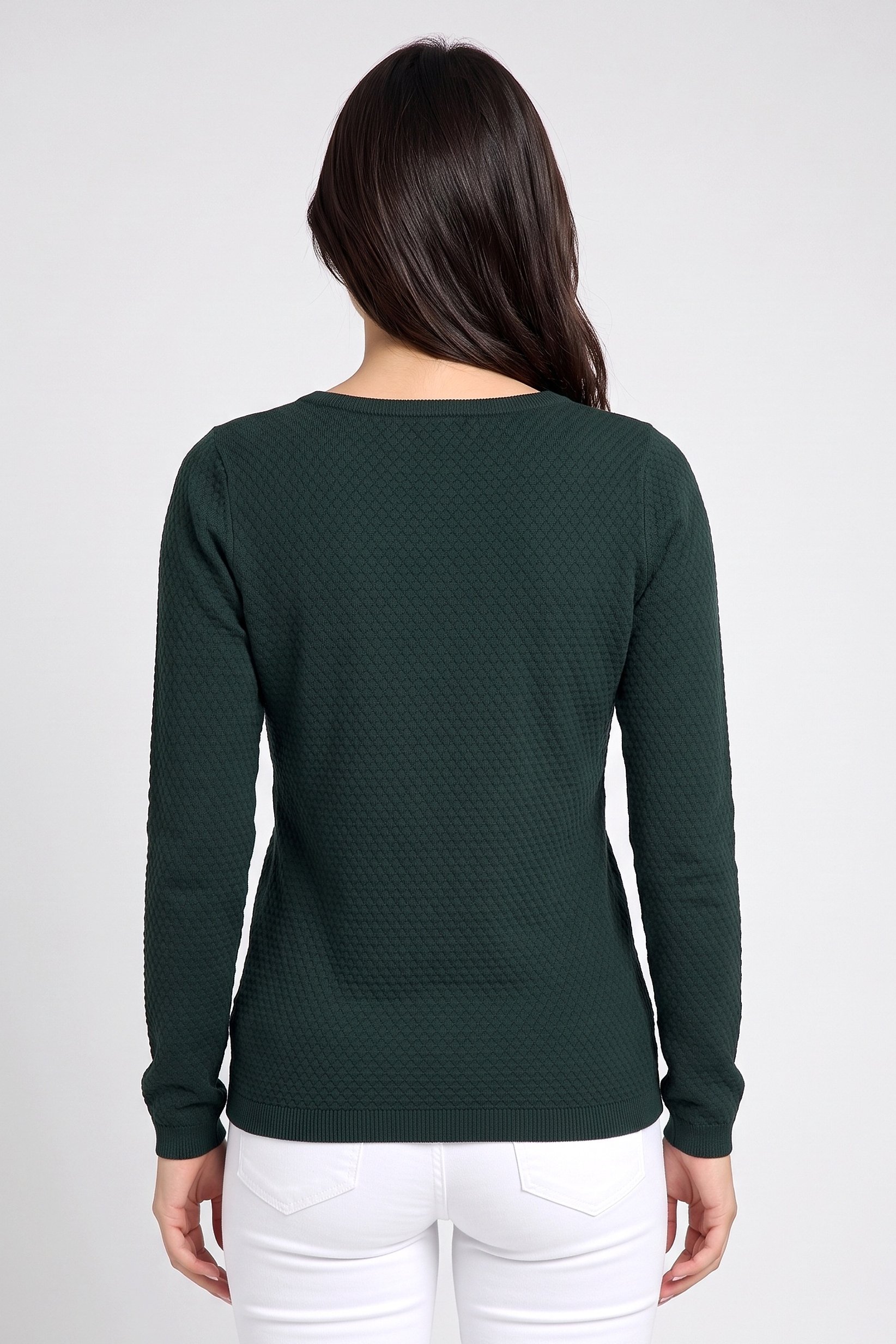 Women Round Neck Textured Sweater, Dark Green