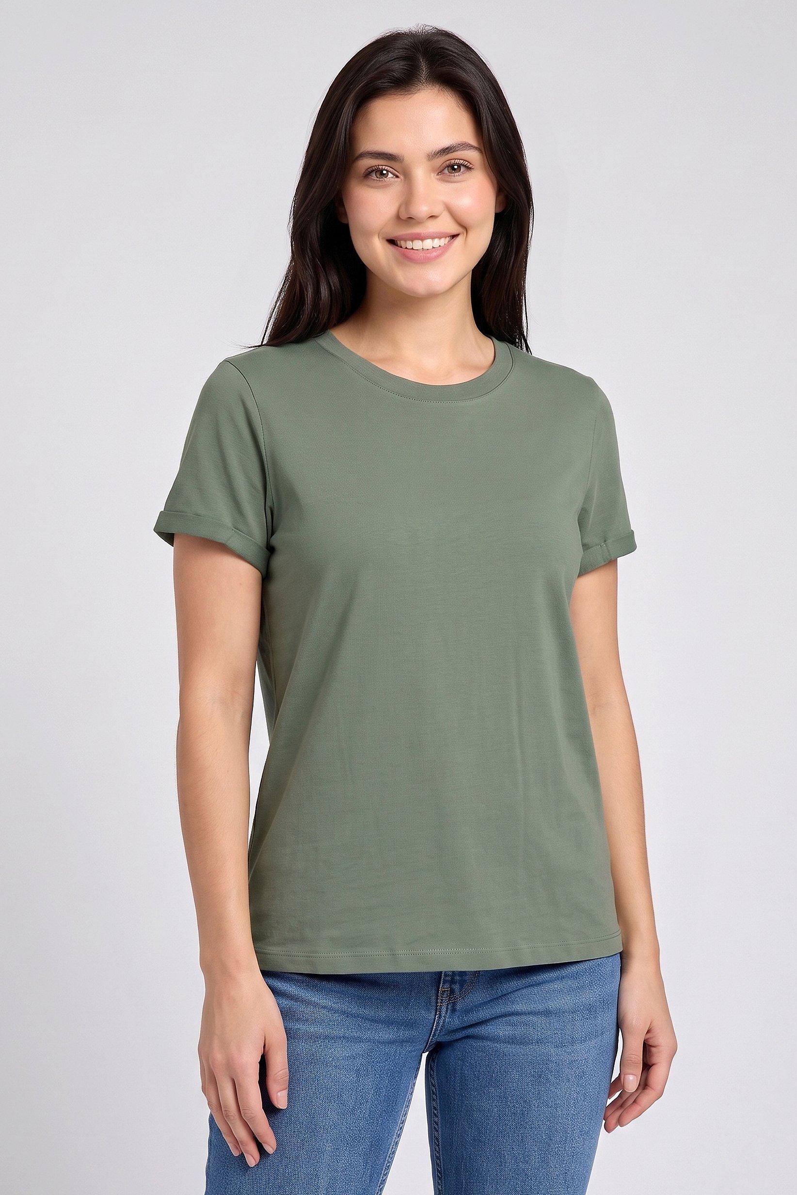Women Crew Neck Short Sleeve Plain T-Shirt, Olive