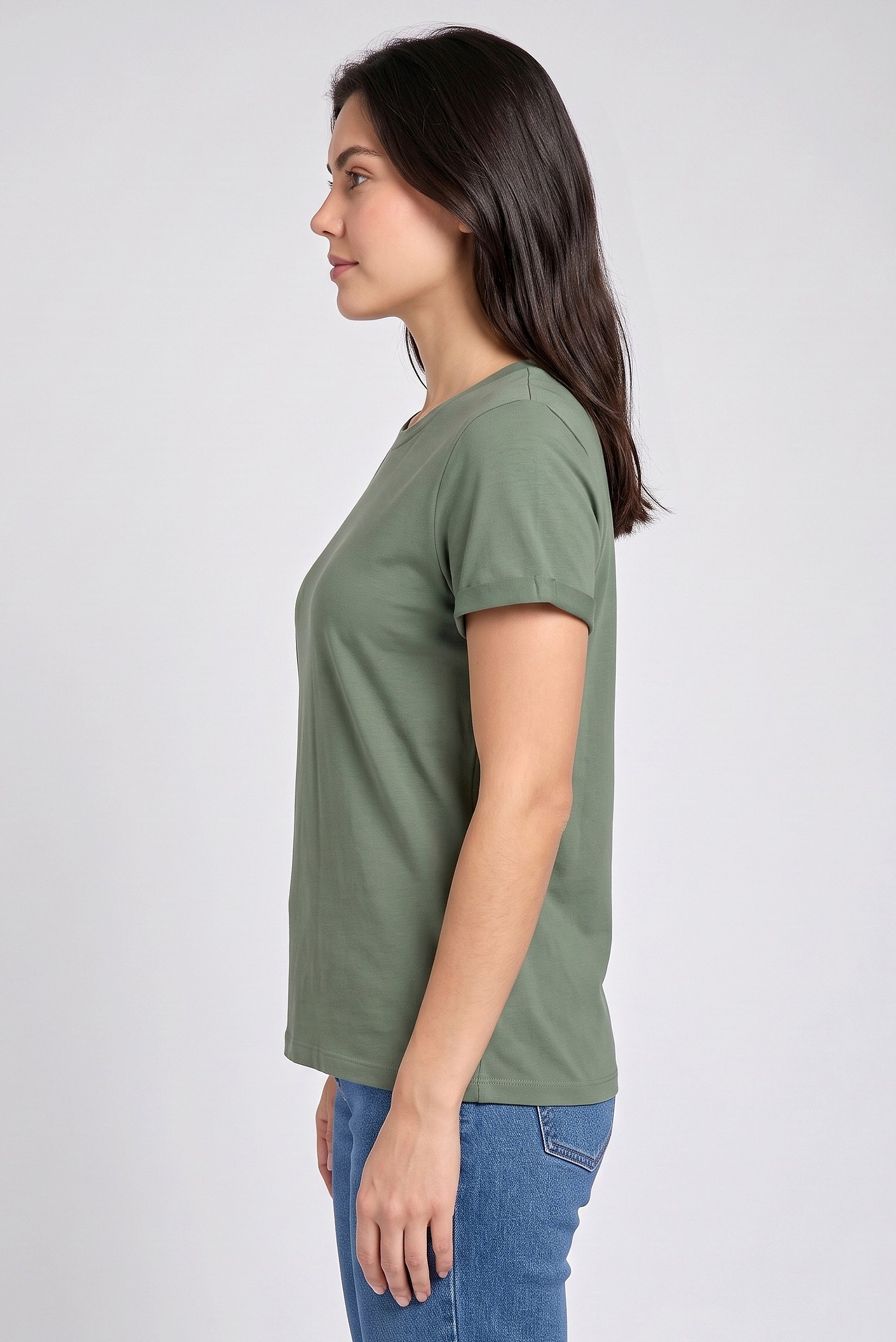 Women Crew Neck Short Sleeve Plain T-Shirt, Olive