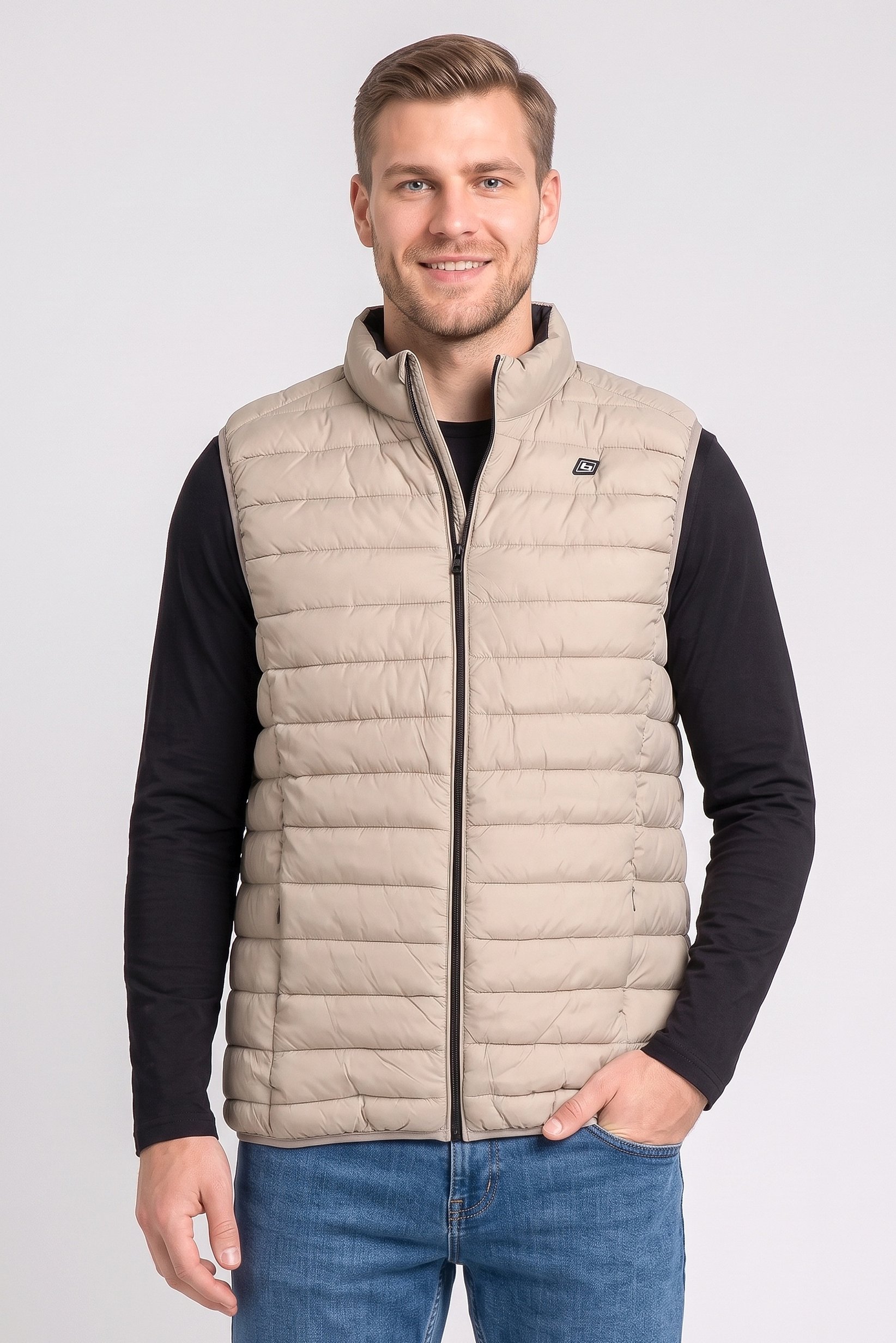 Men Quilted Puffer Vest Jacket, Dark Beige