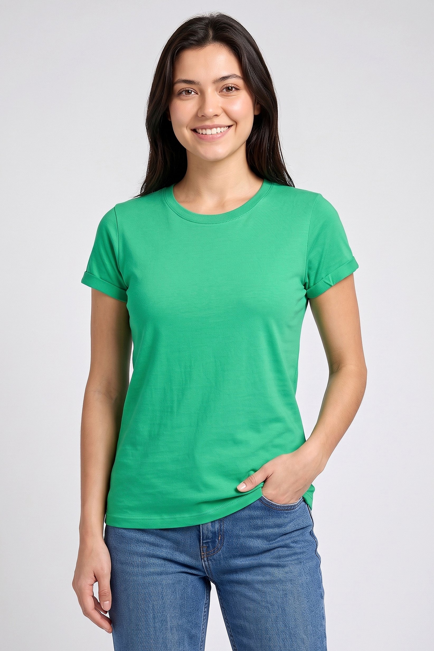 Women Crew Neck Short Sleeve Plain T-Shirt, Green