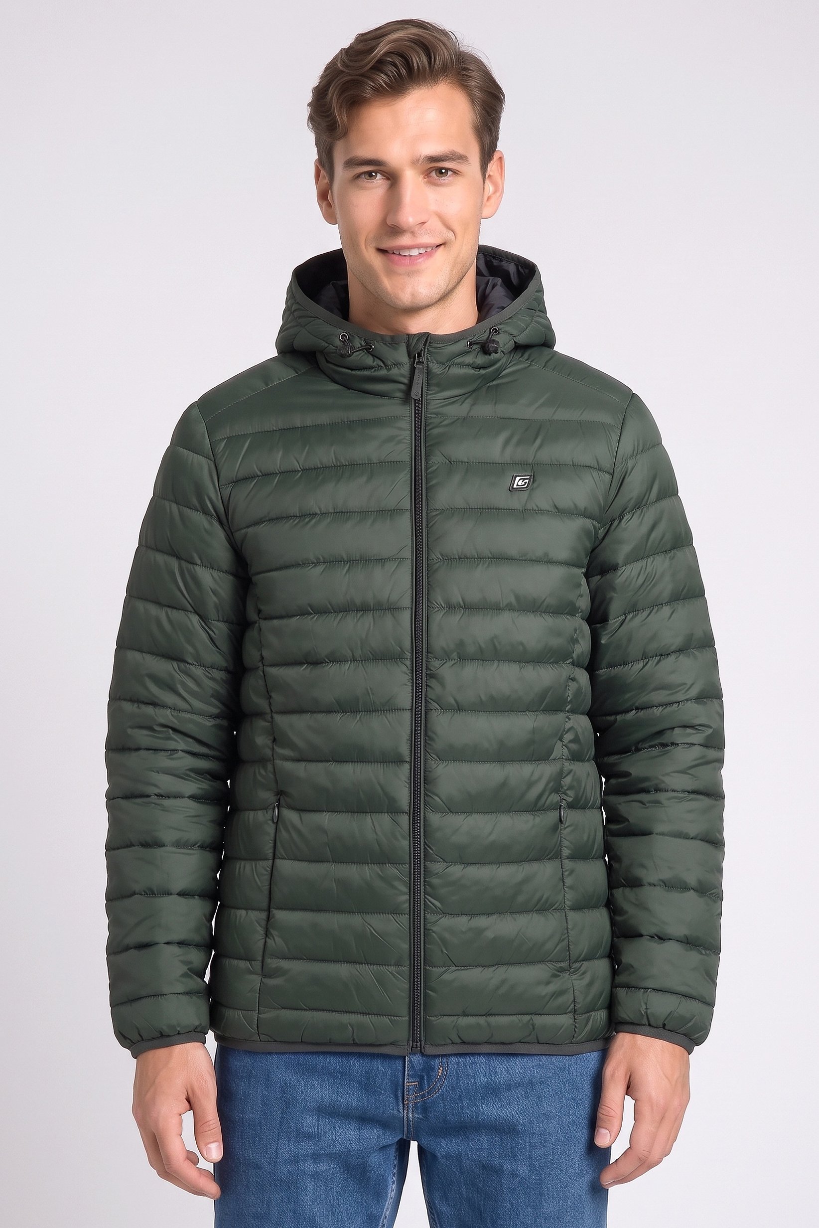 Men Quilted Puffer Jacket, Olive