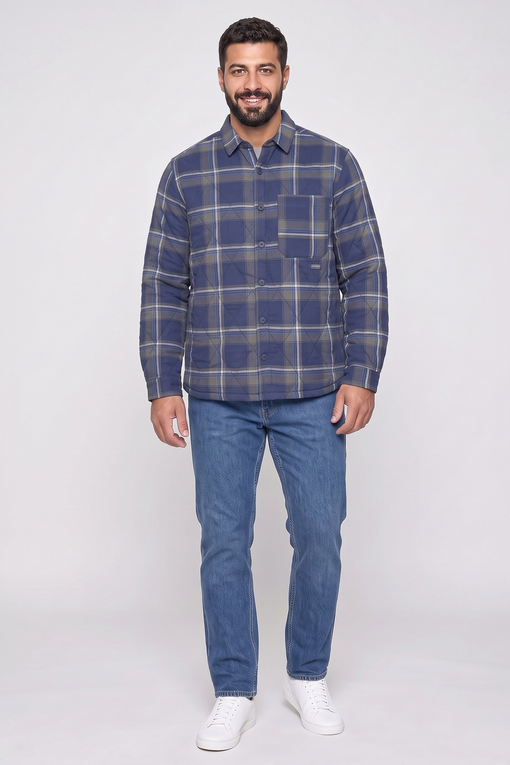 Men Checkered Long Sleeve Jacket Shirt, Multicolor