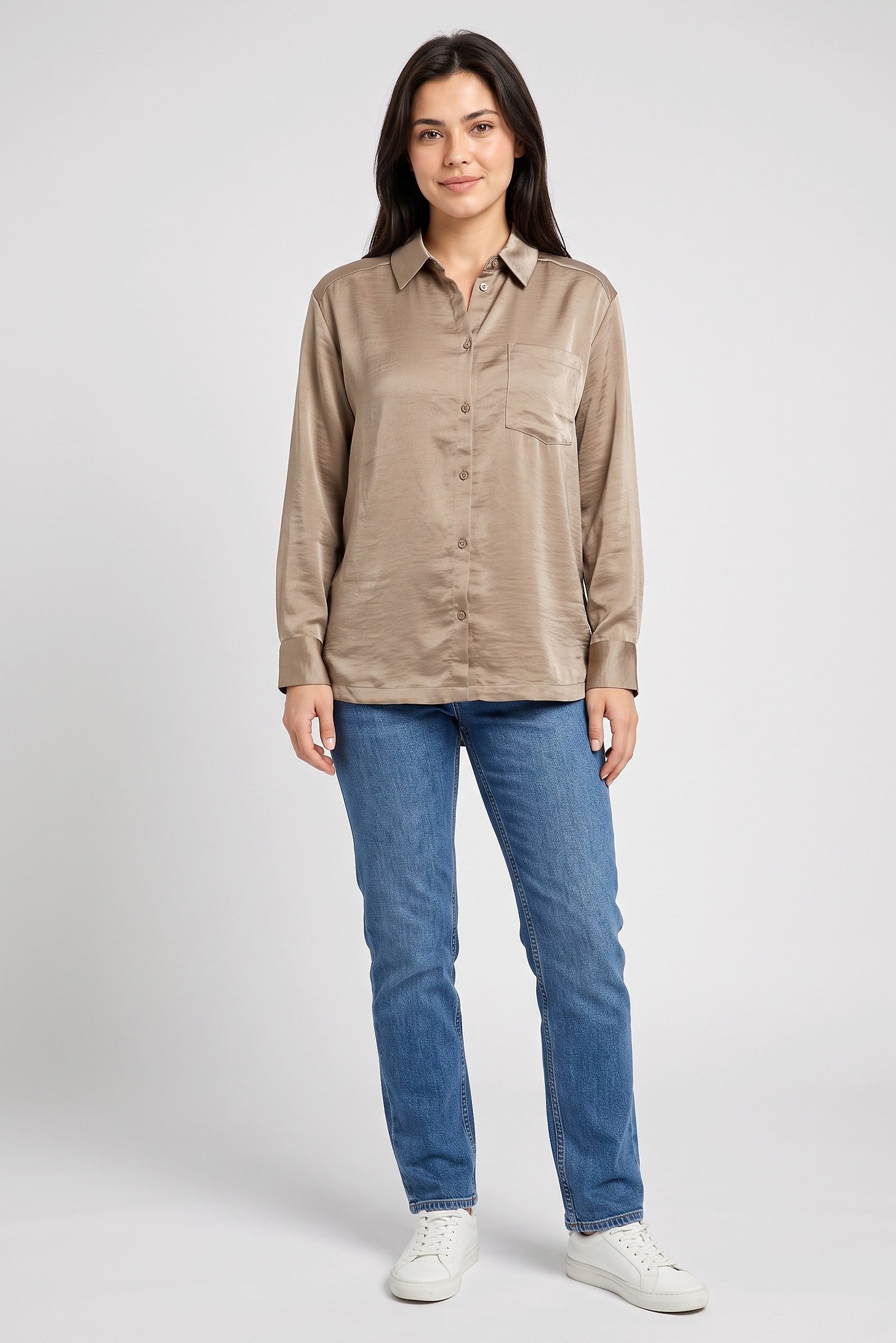 Women Spread Collar Plain Long Sleeve Shirt, Taupe