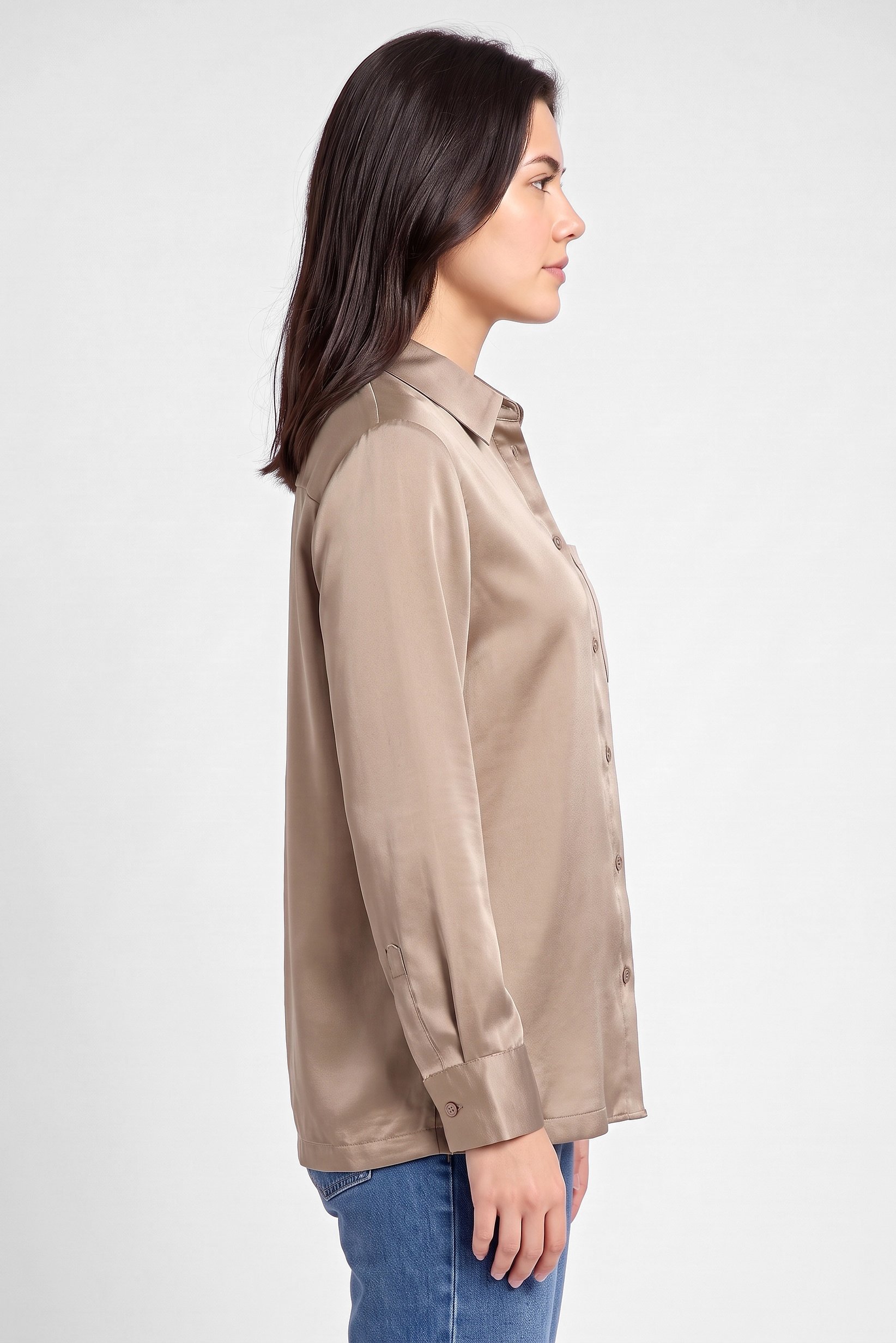 Women Spread Collar Plain Long Sleeve Shirt, Taupe
