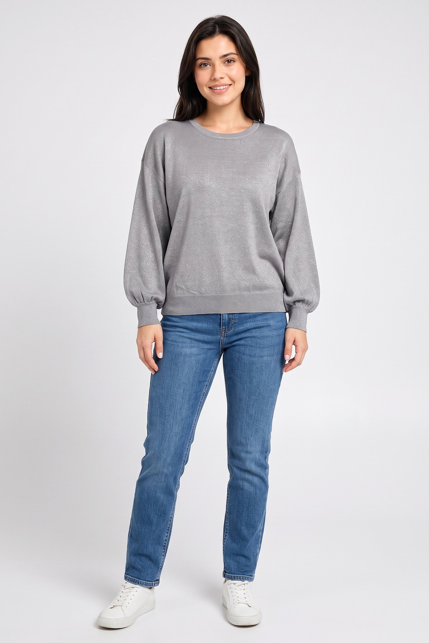 Women Round Neck Metallic Sweater, Grey