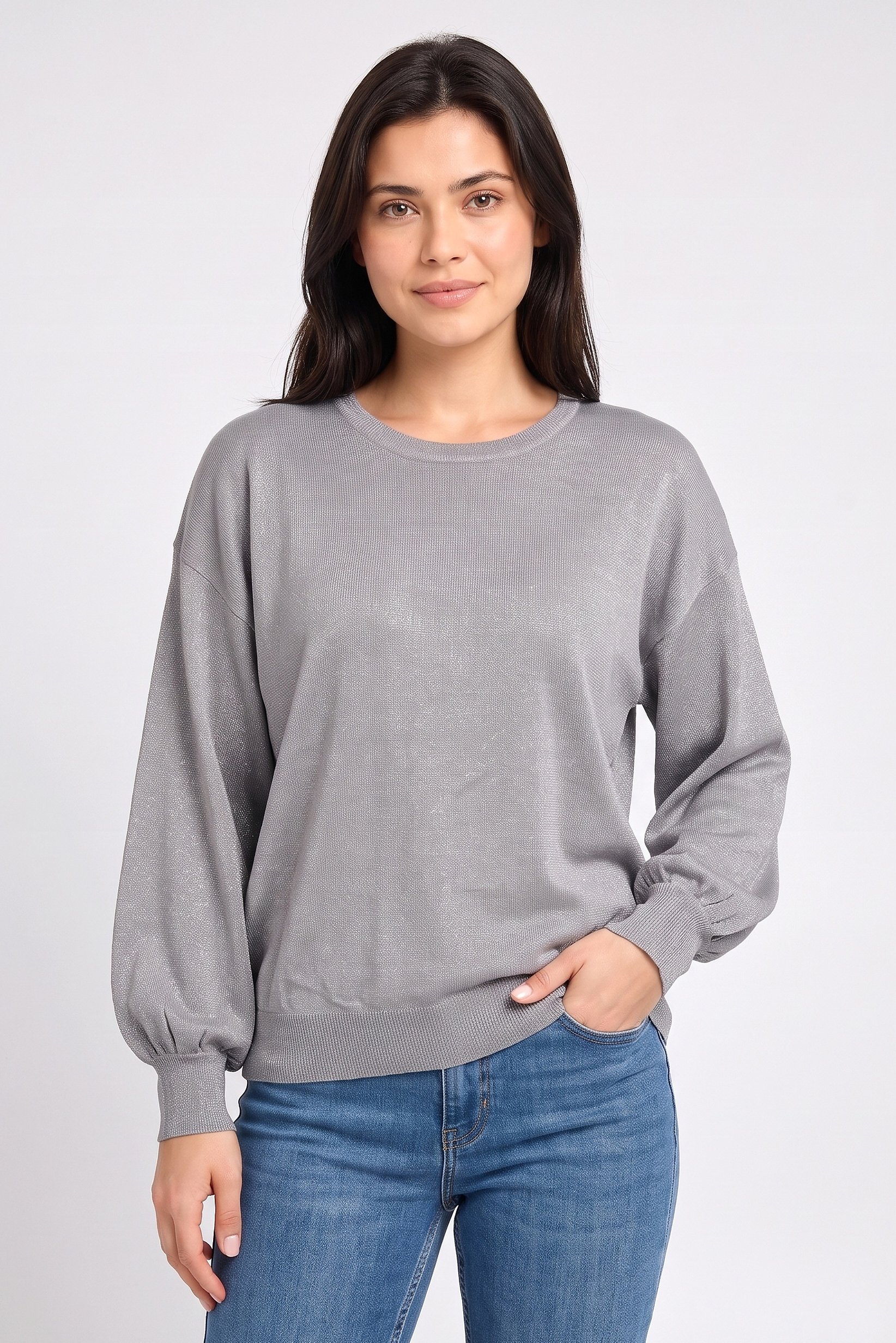 Women Round Neck Metallic Sweater, Grey