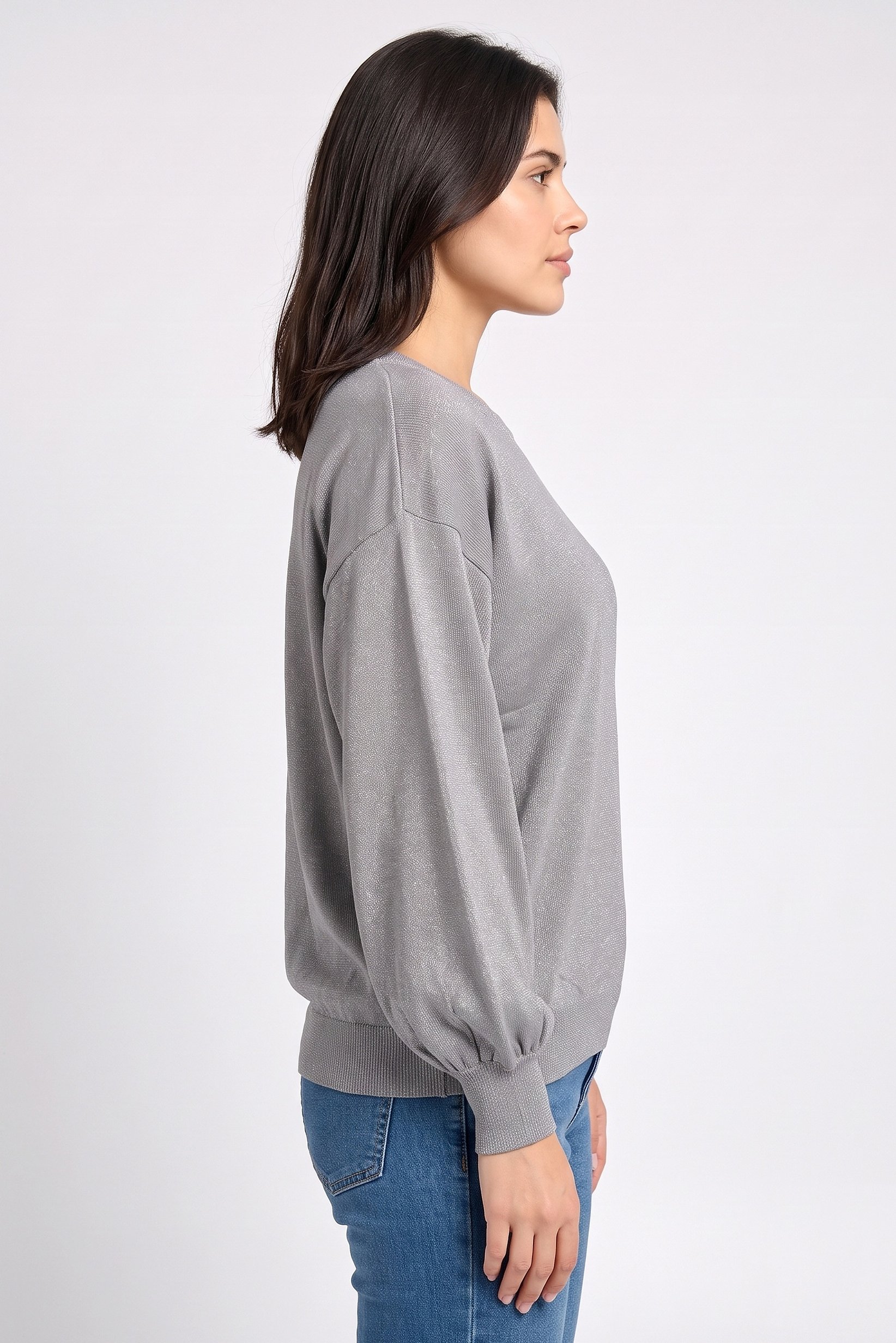 Women Round Neck Metallic Sweater, Grey