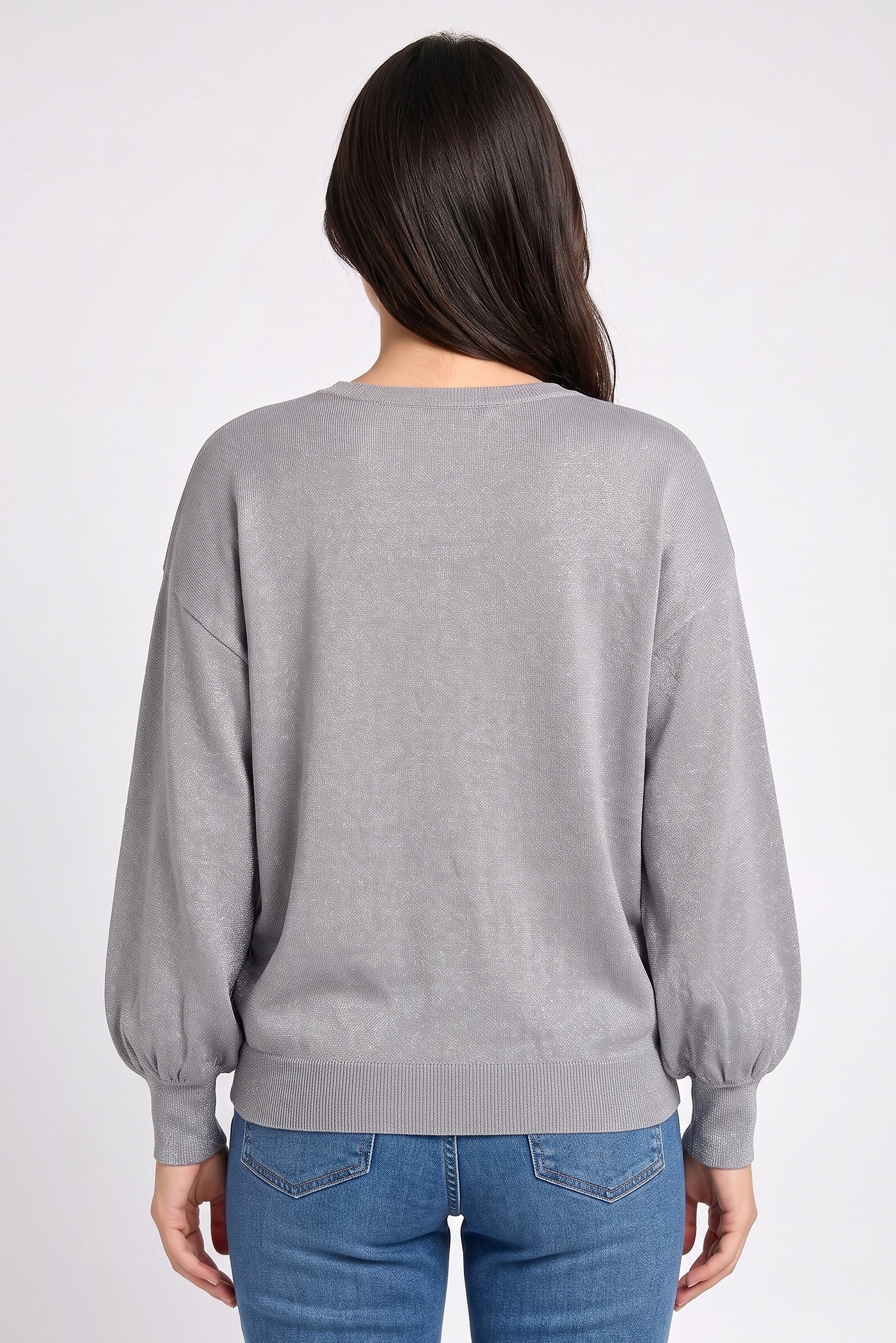 Women Round Neck Metallic Sweater, Grey
