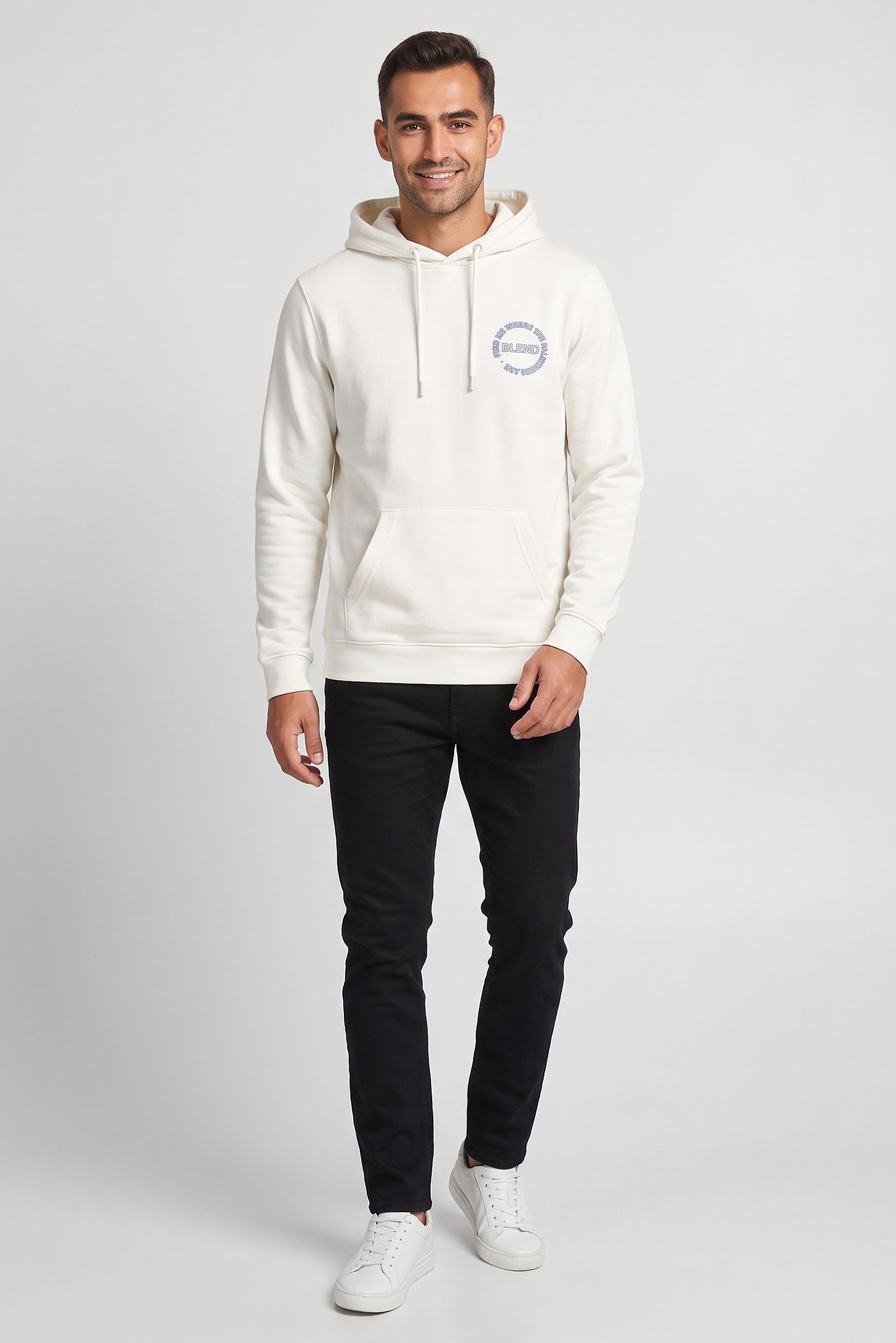 Men Brand Logo Long Sleeve Hoodie, White