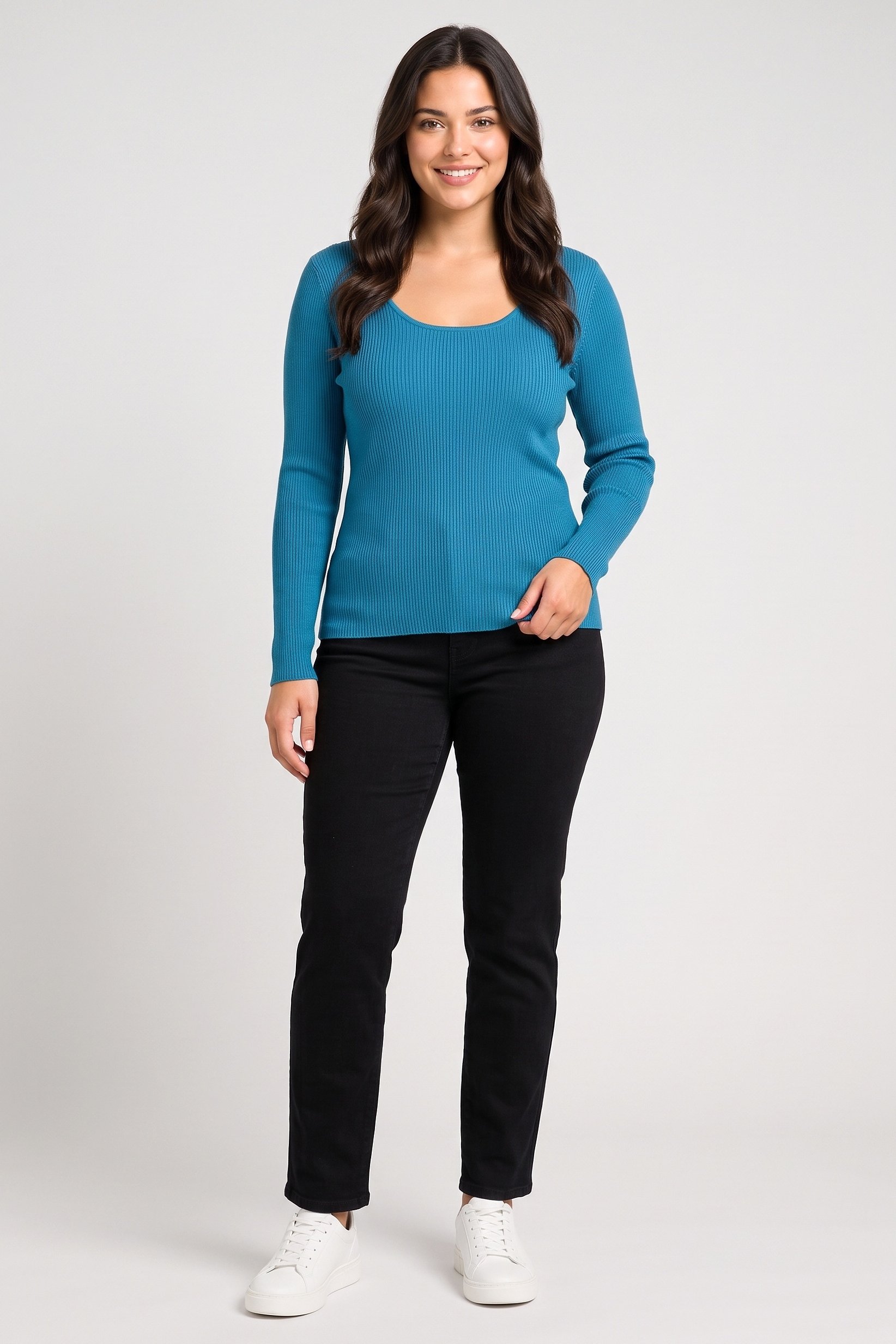Women Round Neck Textured Sweater, Teal Blue