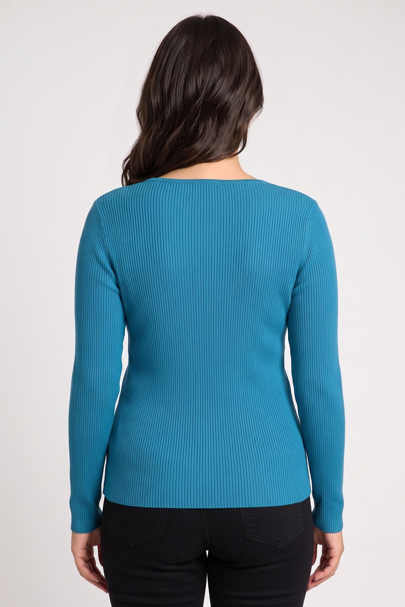 Women Round Neck Textured Sweater, Teal Blue