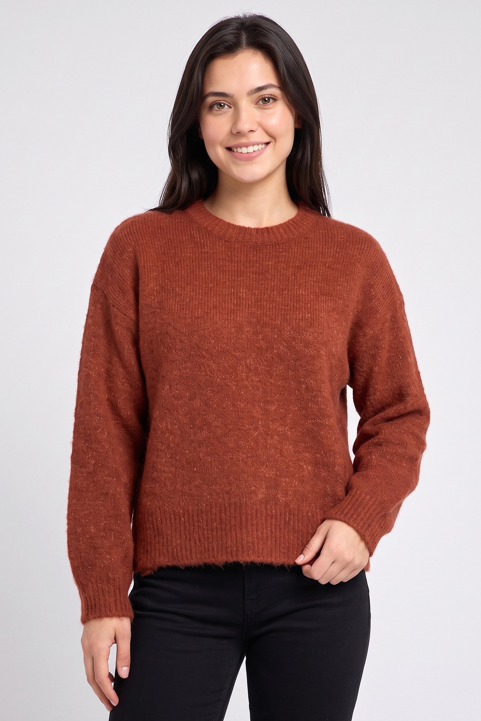 Women Crew Neck Textured Knit Sweater, Rust