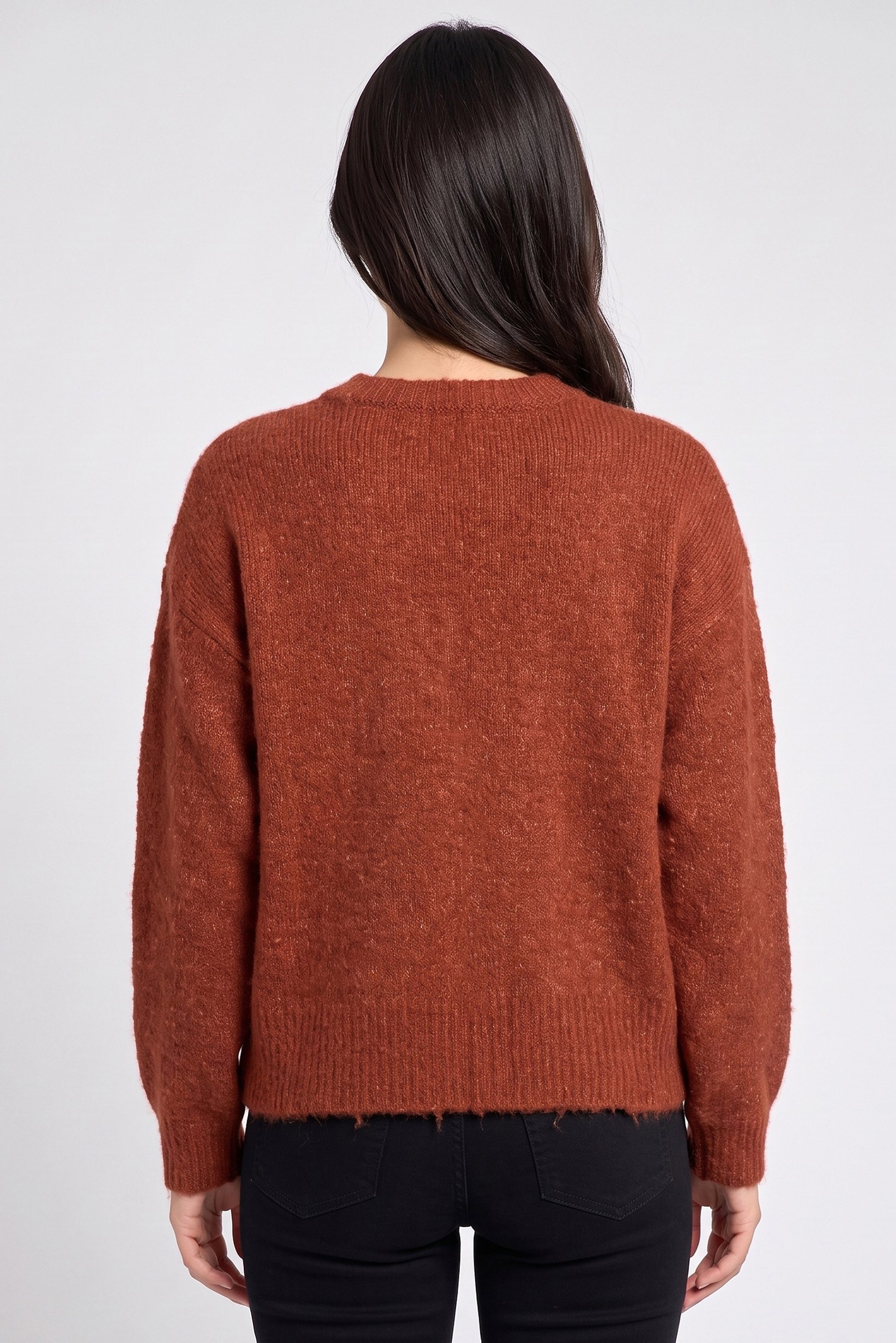 Women Crew Neck Textured Knit Sweater, Rust