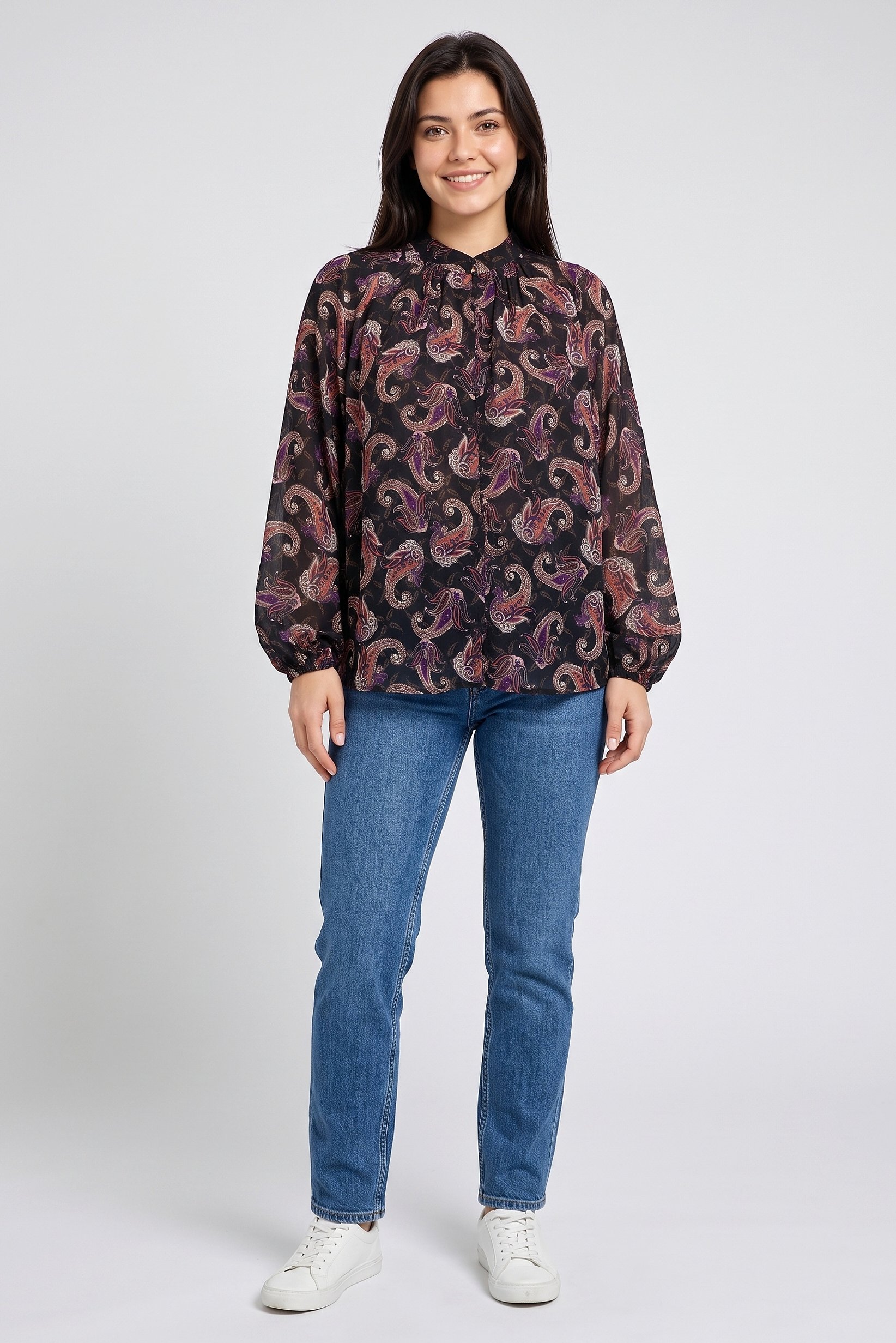 Women Round Neck Paisley Print Long Sleeve Blouse, Multicolor