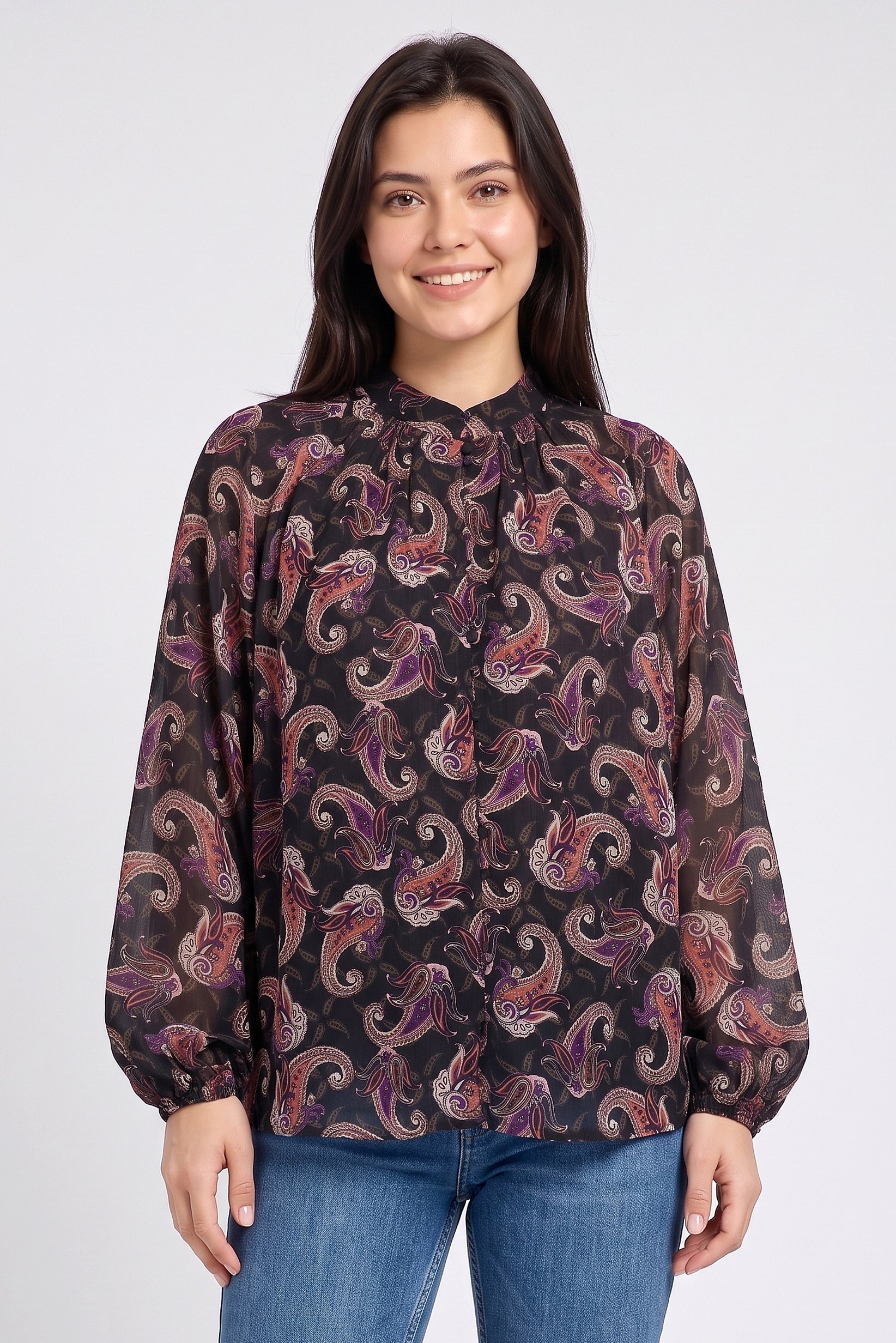 Women Round Neck Paisley Print Long Sleeve Blouse, Multicolor