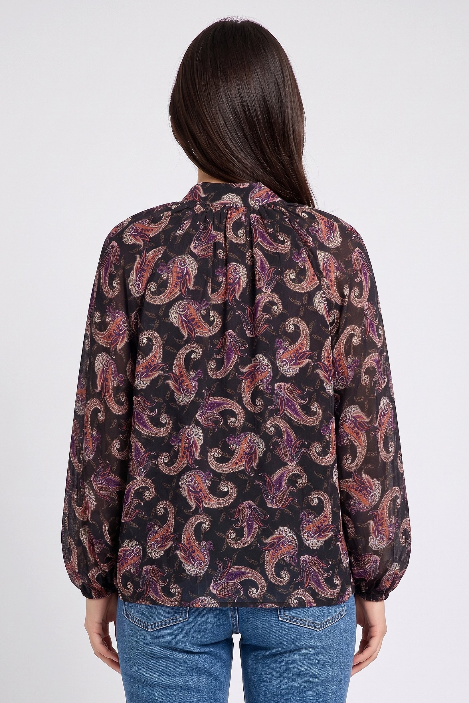 Women Round Neck Paisley Print Long Sleeve Blouse, Multicolor