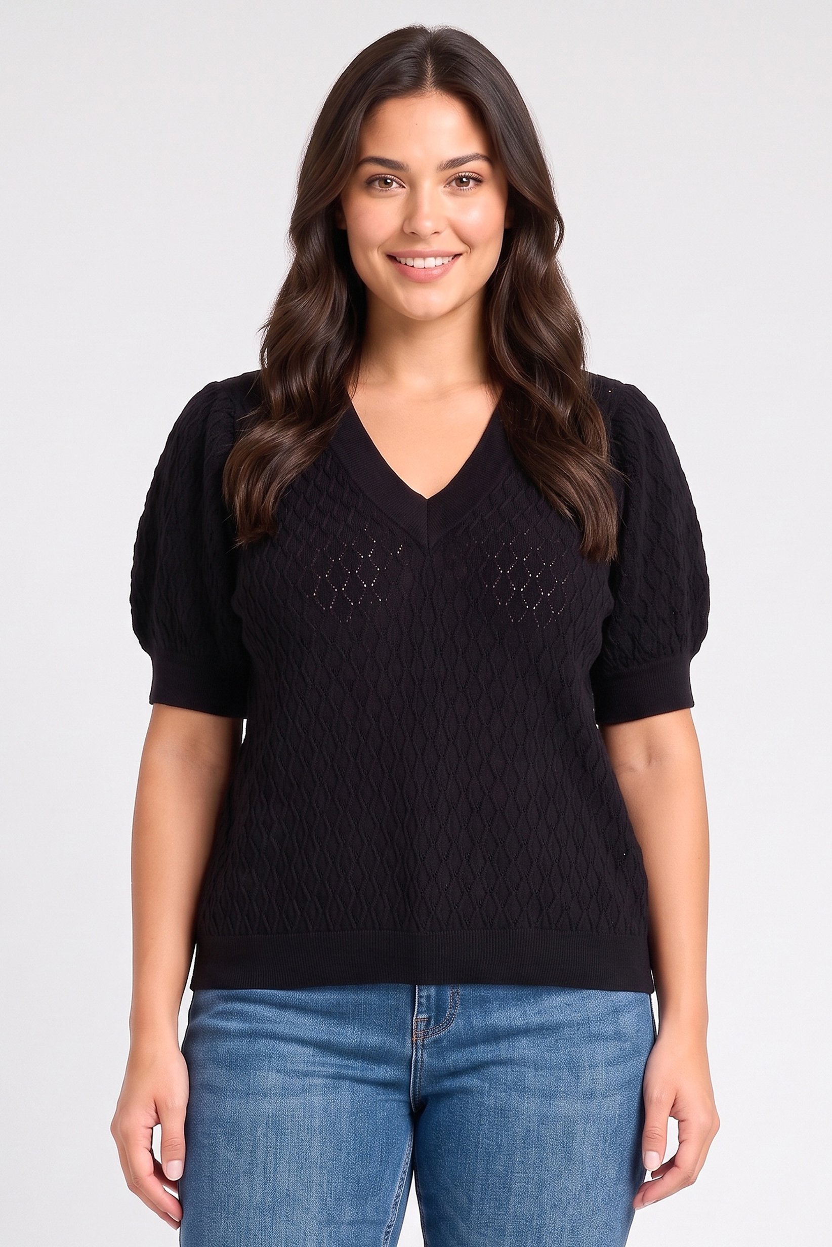 Women V-Neck Knitted Sweater, Black